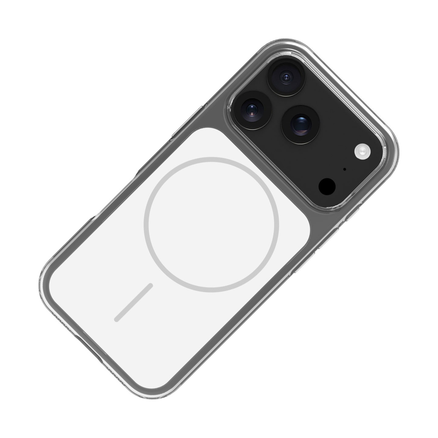 Custodia trasparente con tripla fotocamera e cerchio MagSafe su sfondo bianco.