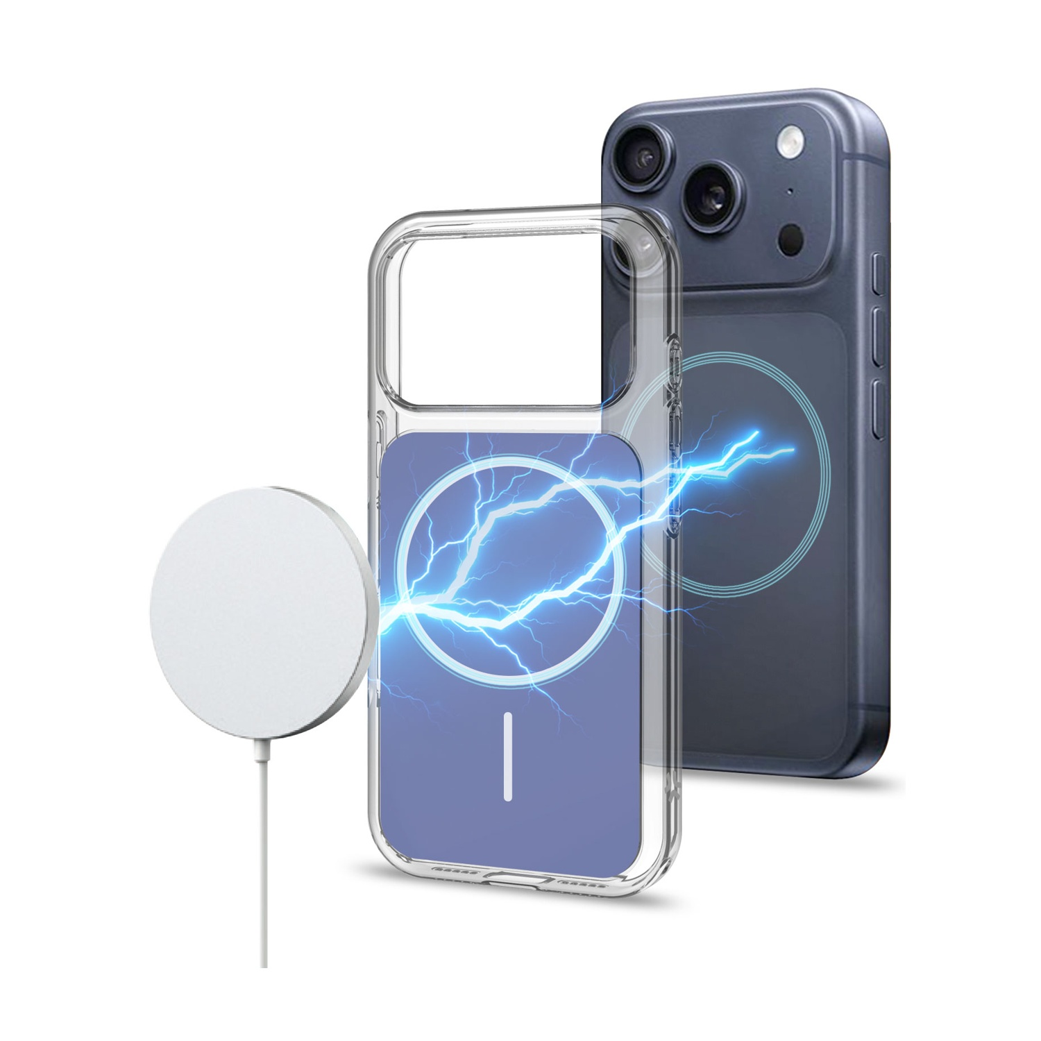 Un caricabatterie bianco e una custodia trasparente su un telefono scuro.