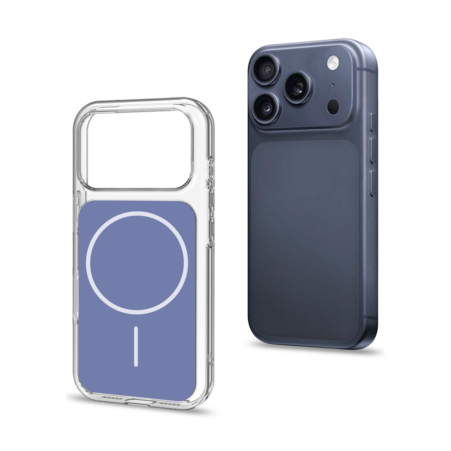 Una custodia trasparente per telefono con retro viola, accanto a uno smartphone scuro.