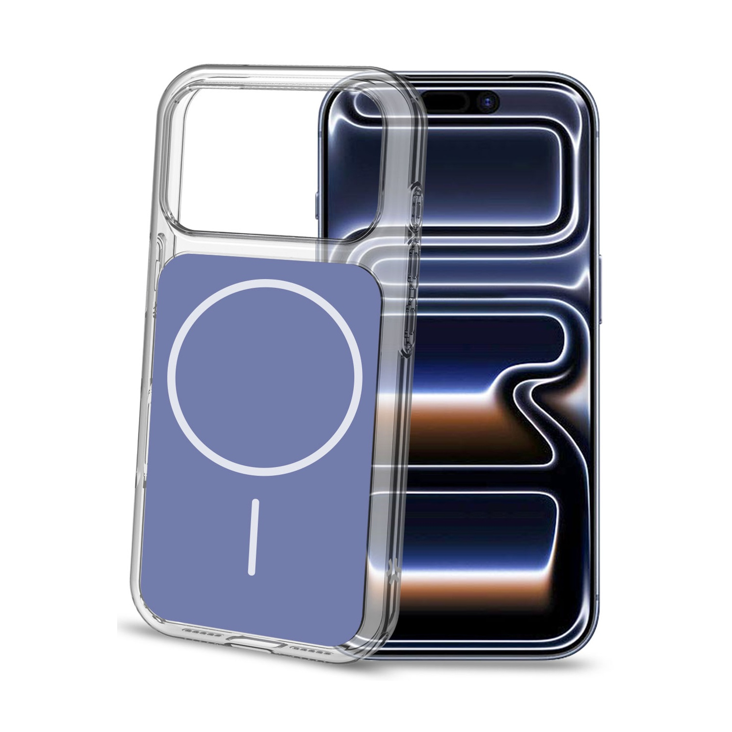 Una custodia trasparente per telefono con anello magnetico viola è posta su uno smartphone.