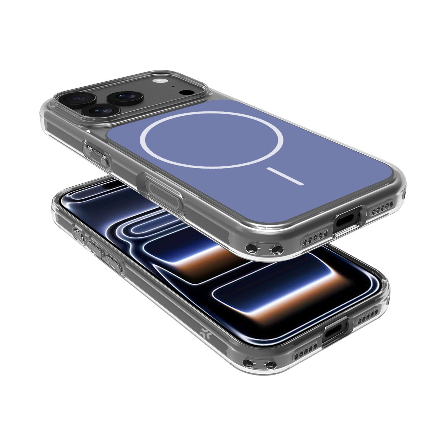 Due custodie trasparenti per telefono, una con cerchio blu, impilate.