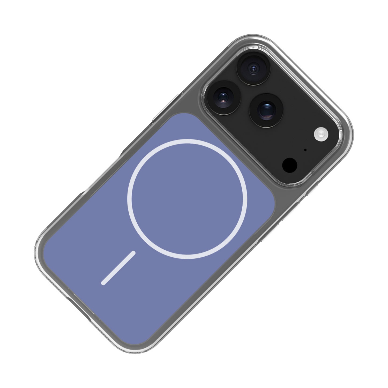 Una custodia trasparente per telefono con retro viola e design circolare.