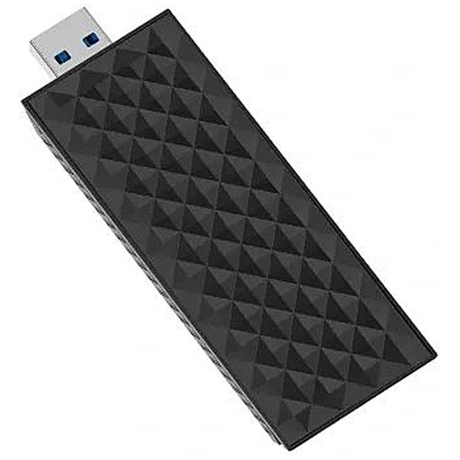 A black USB stick with a geometric pattern and a silver connector.