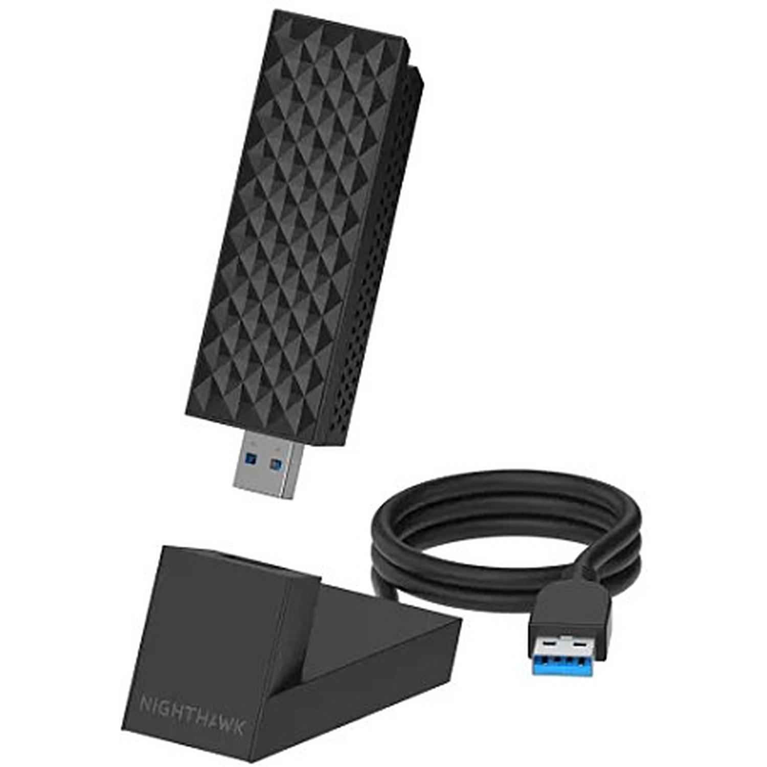 Black USB adapter with cable and stand, Nighthawk logo on stand.
