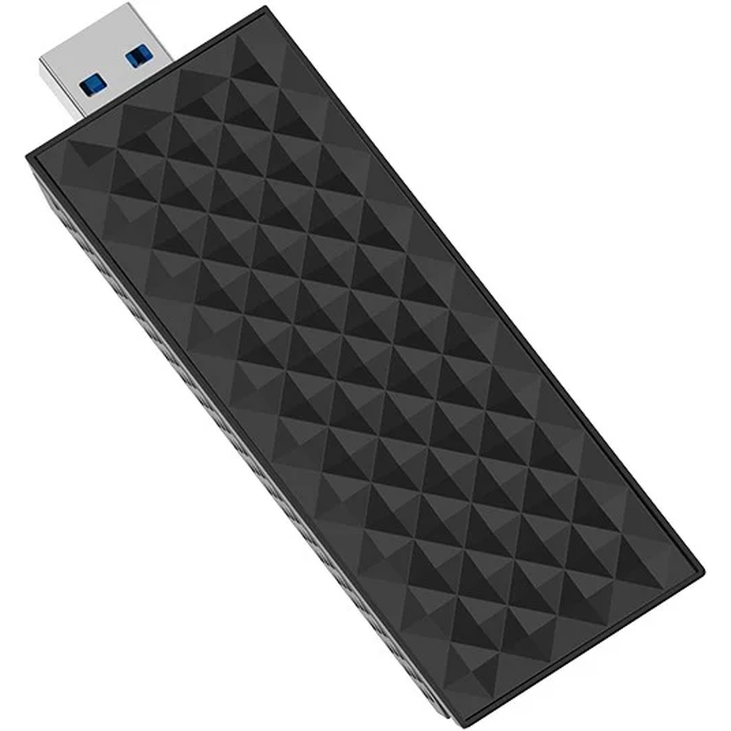A black USB drive with a diamond pattern texture and a silver connector.