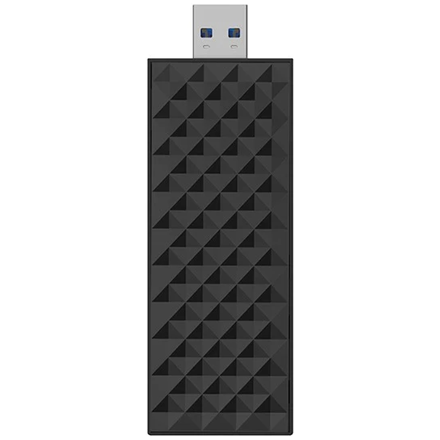 Black USB drive with geometric pattern and silver connector.