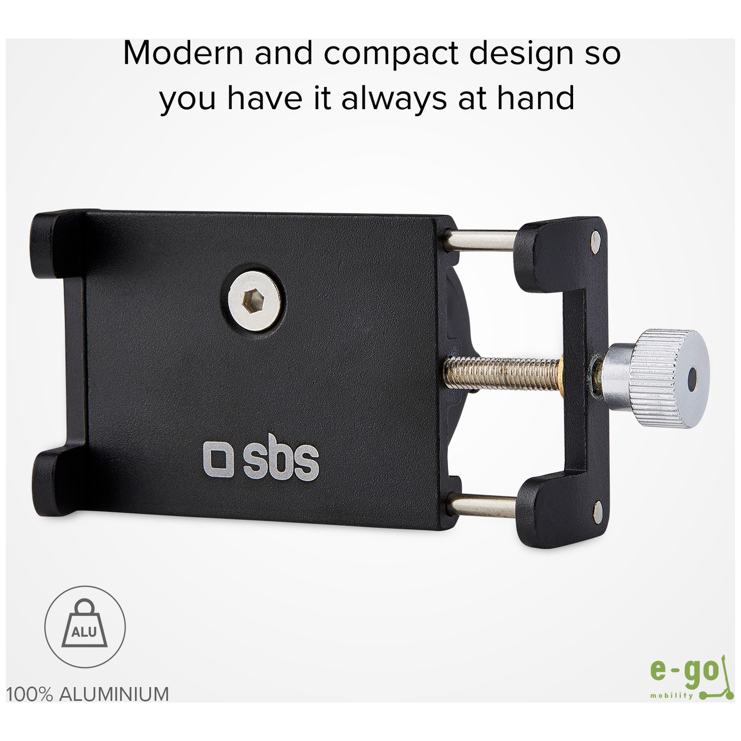 Zwarte aluminium telefoonhouder met schroefmechanisme en SBS-logo.