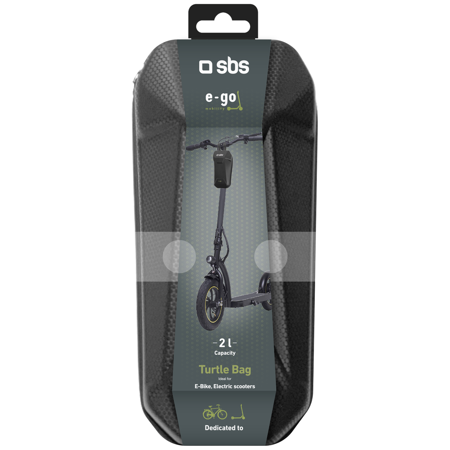 Zwarte E-scooter tas met SBS logo en een E-scooter erin.