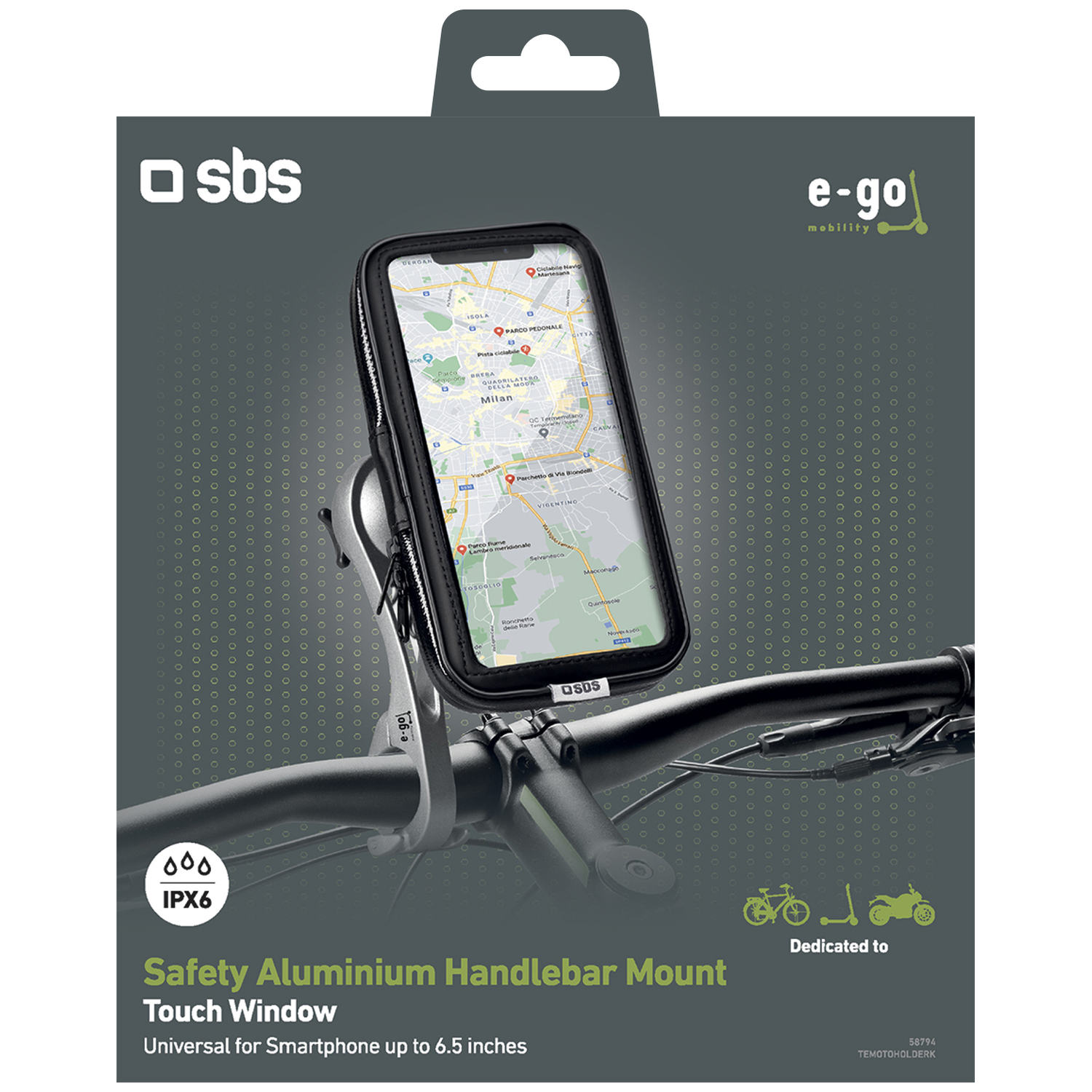 SBS e-go houder voor smartphones op fietsstuur, toont kaart van Milaan.