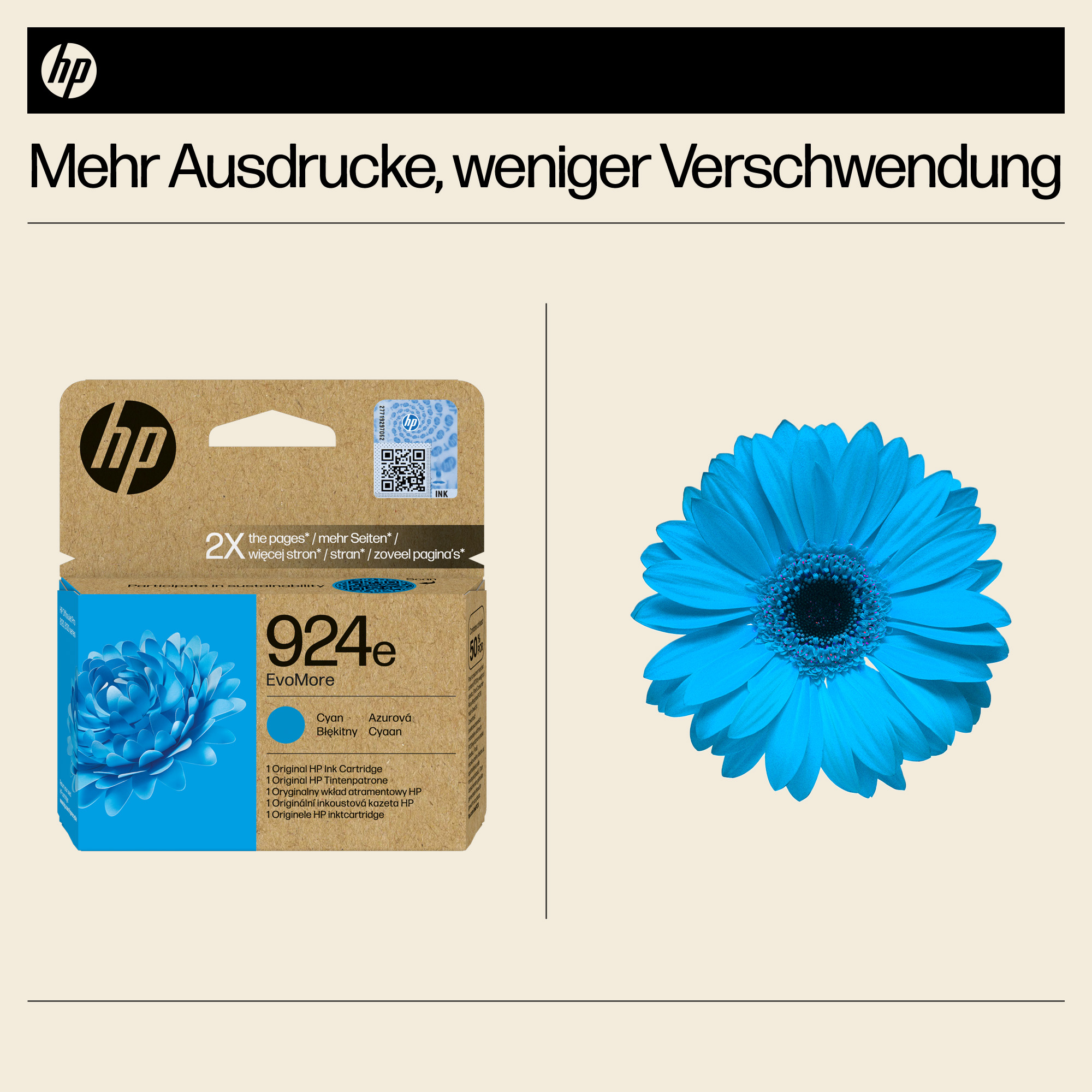HP-Druckerpatrone mit einer blauen Blume. Mehr Ausdrucke, weniger Verschwendung.