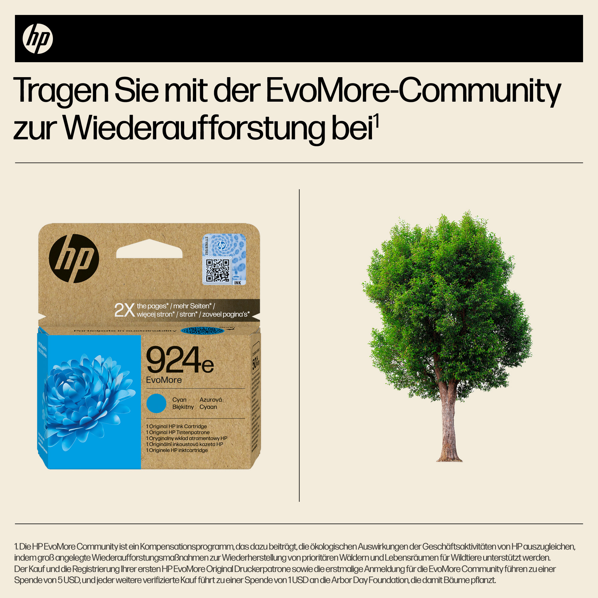 HP Tintenpatrone 924e EvoMore Cyan in Packung neben Baum.