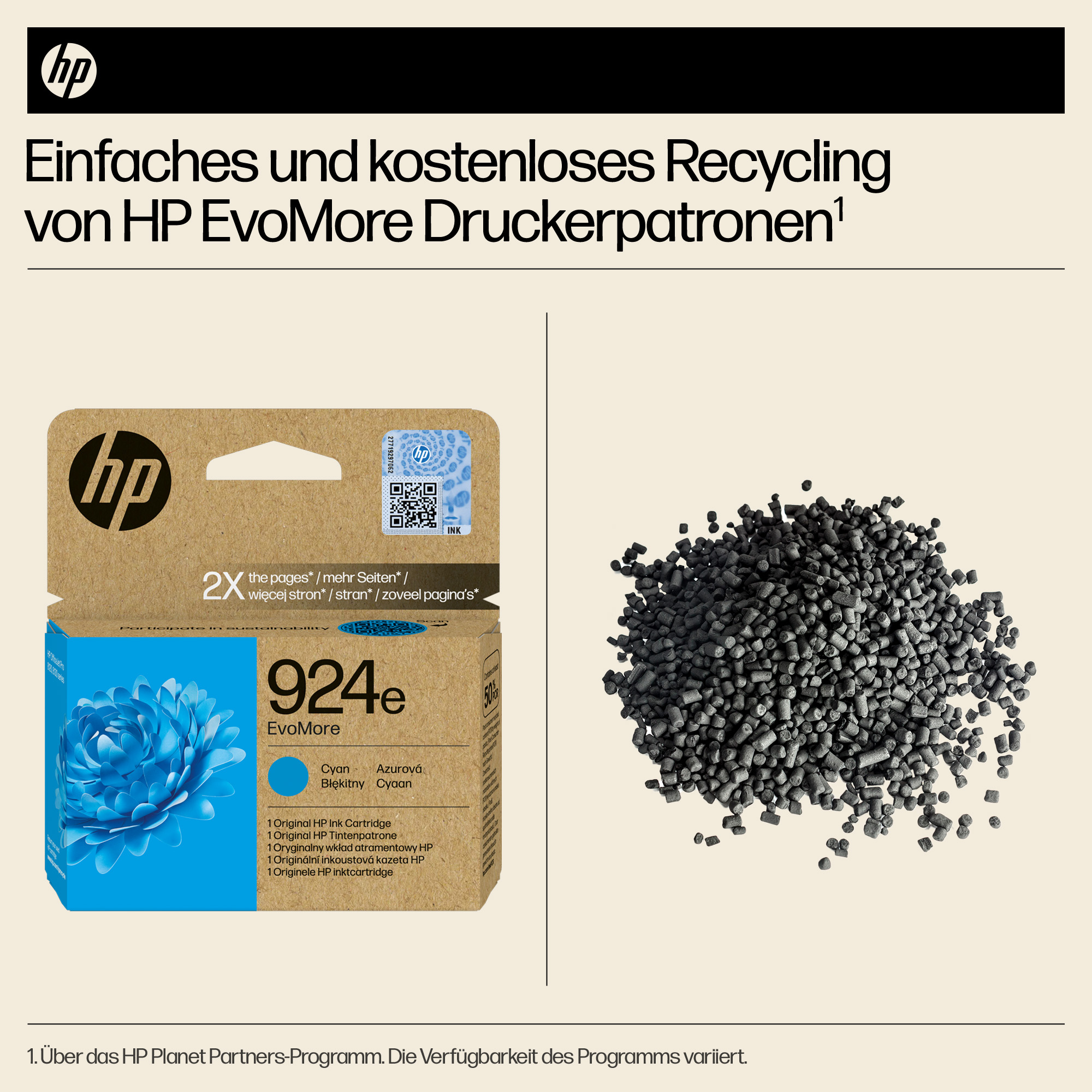 HP Druckerpatrone mit Recycling-Granulat. Einfaches und kostenloses Recycling.