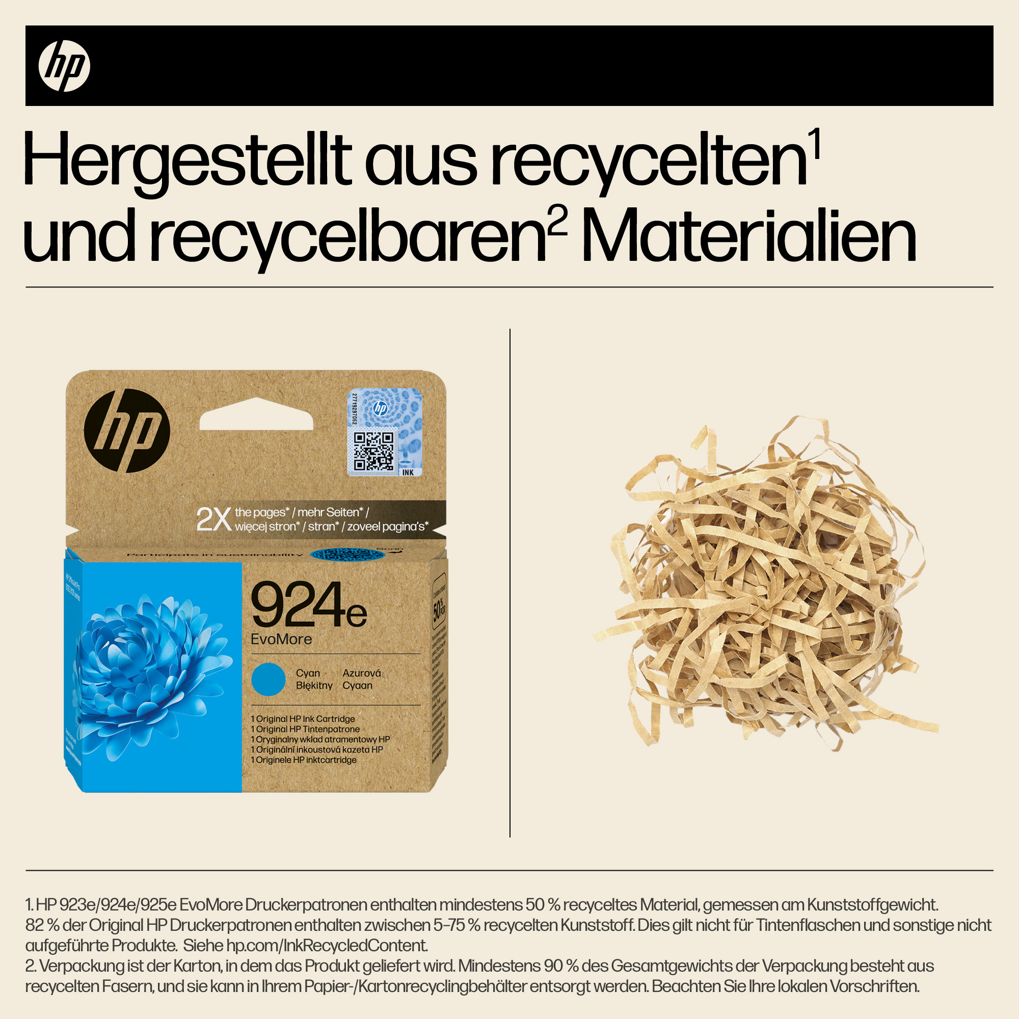 HP-Druckerpatrone 924e EvoMore Cyan und Verpackungsmaterial aus recyceltem Papier.