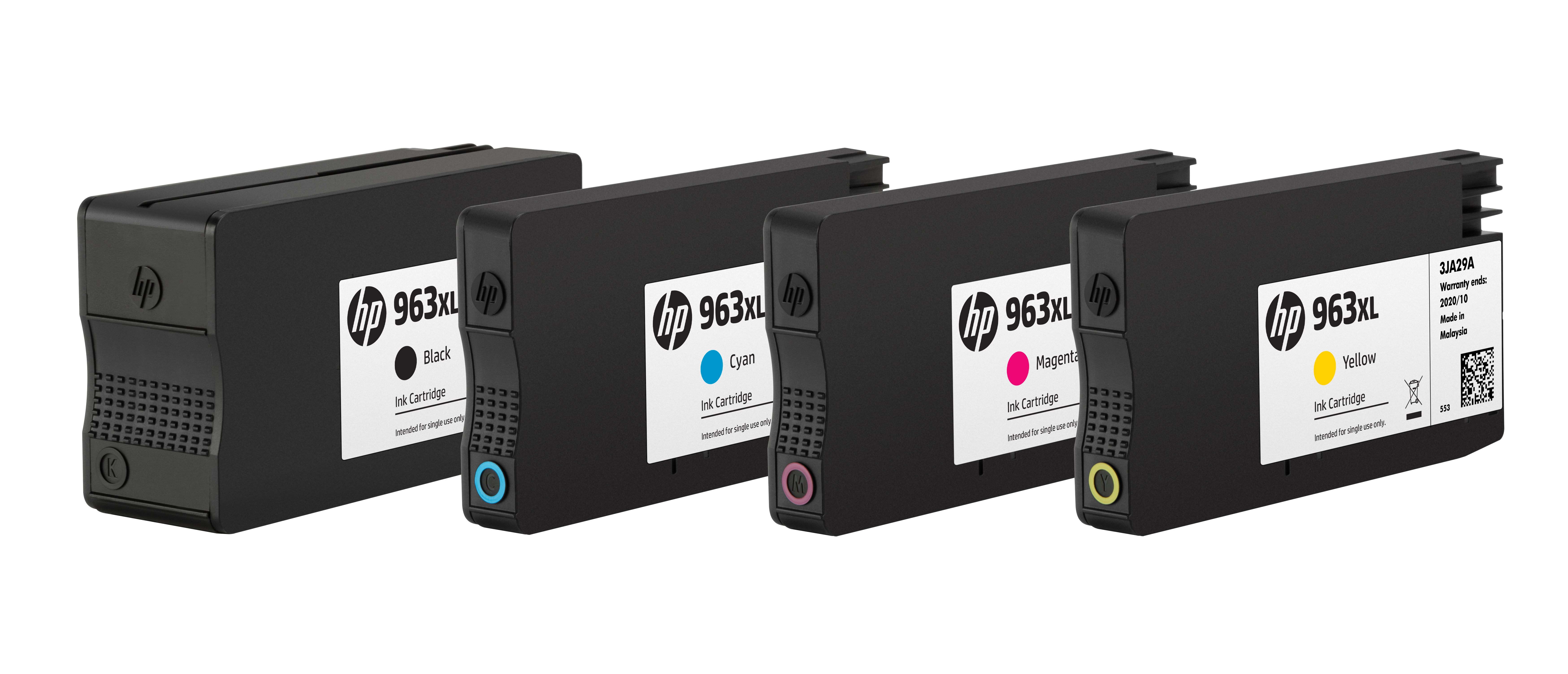 Four HP 963XL ink cartridges: Black, Cyan, Magenta, Yellow, on a black background.