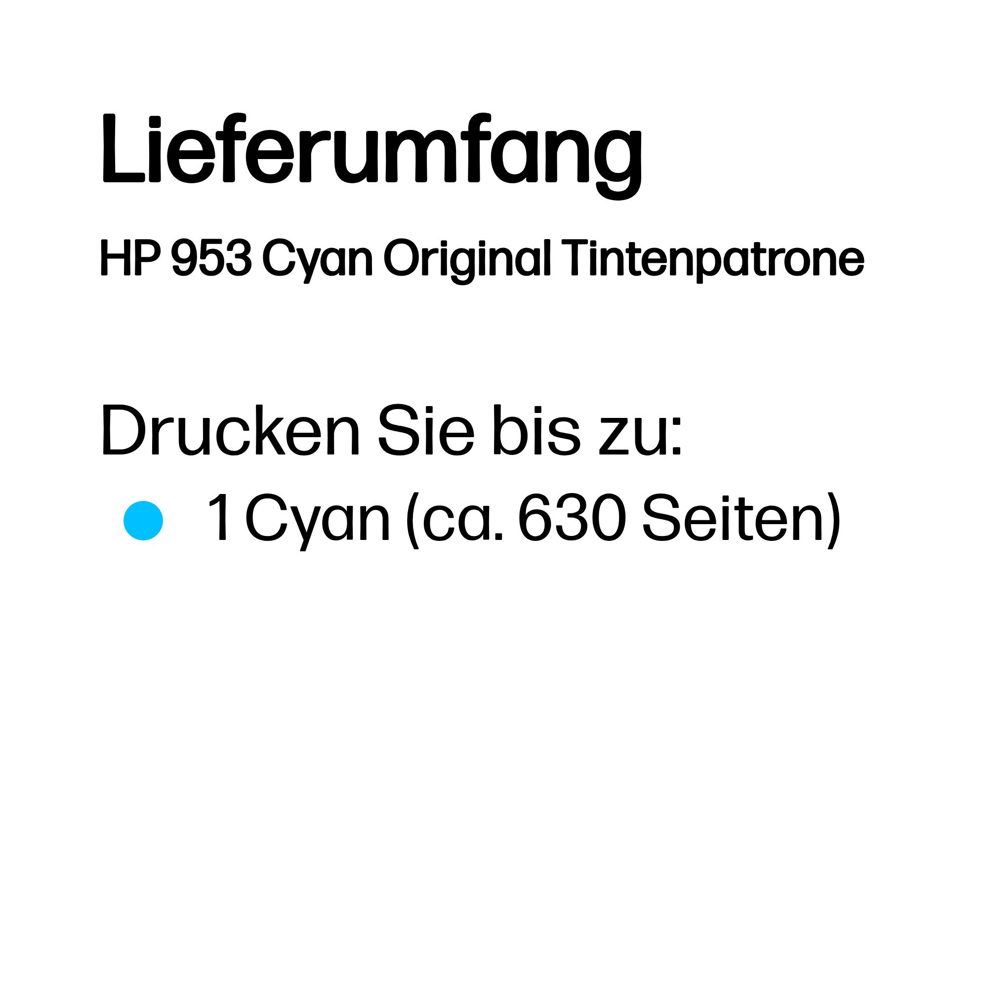 Lieferumfang: HP 953 Cyan Tintenpatrone, druckt bis zu 630 Seiten.