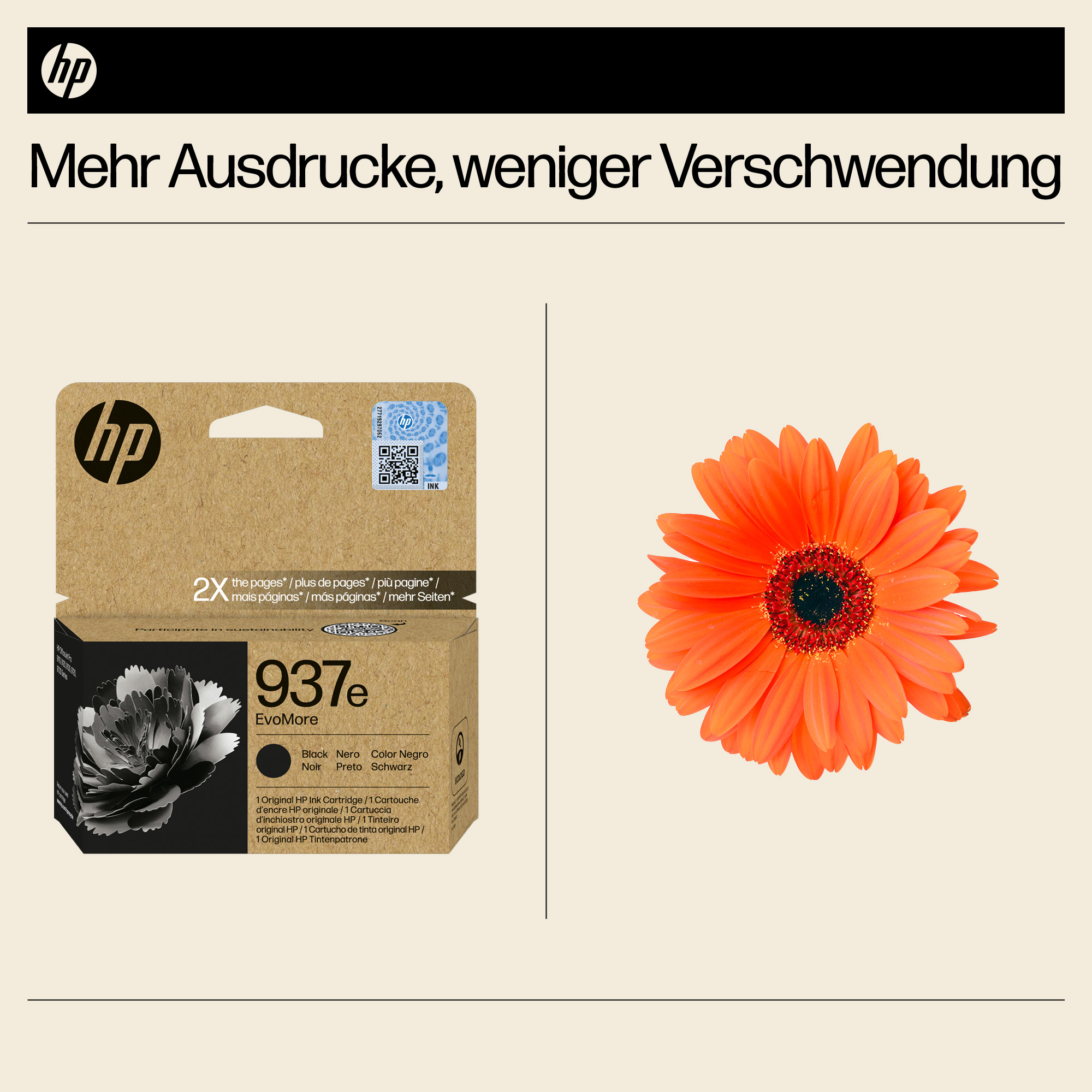 HP Tintenpatrone 937e mit schwarzer Blume und orangefarbener Gerbera.