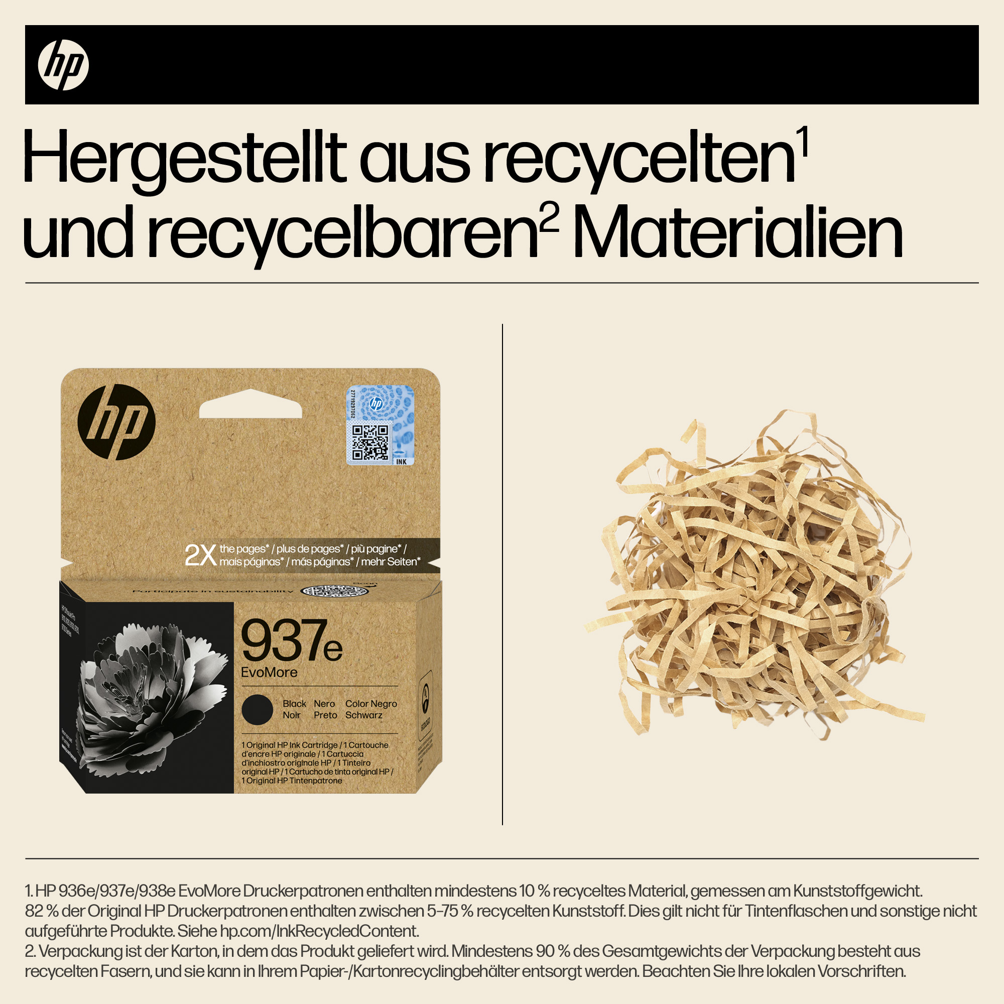 HP-Druckerpatrone 937e EvoMore schwarz mit Recycling-Material und Verpackung.