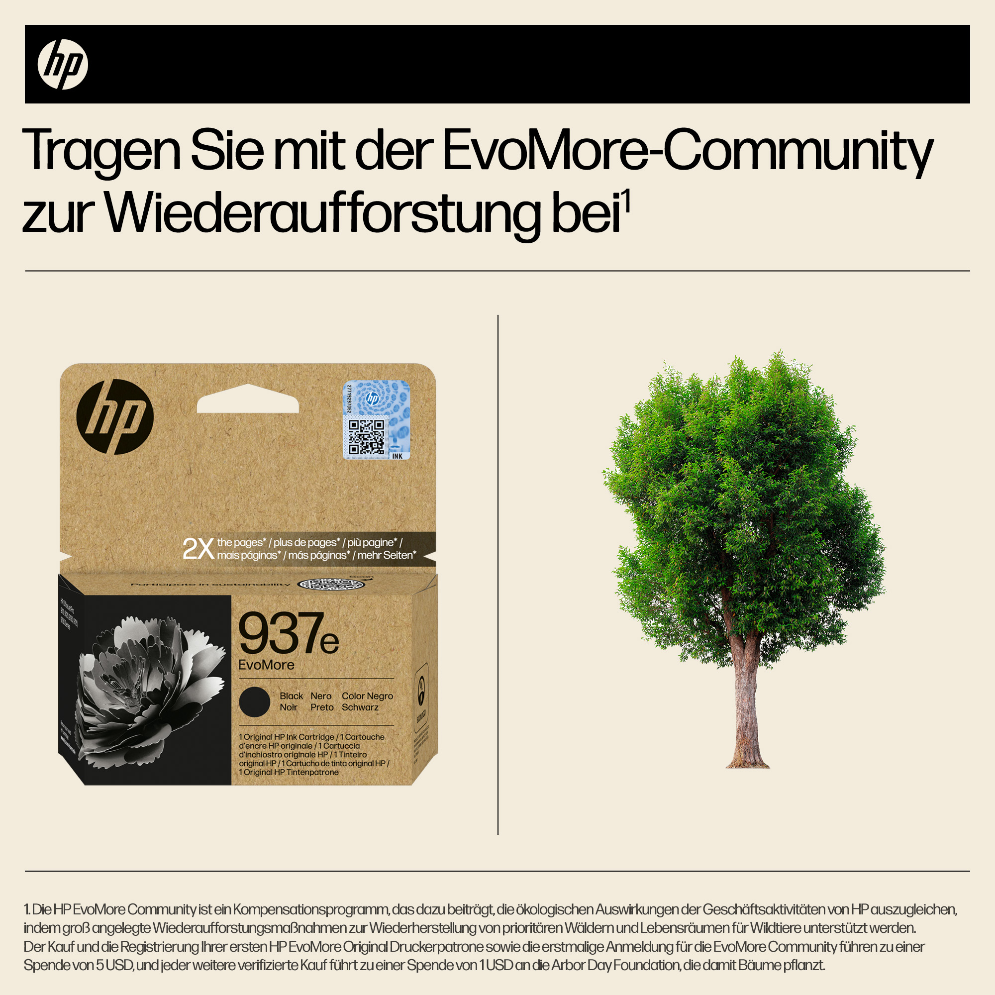 HP-Logo, Text über Wiederaufforstung, HP-Tintenpatrone und grüner Baum.
