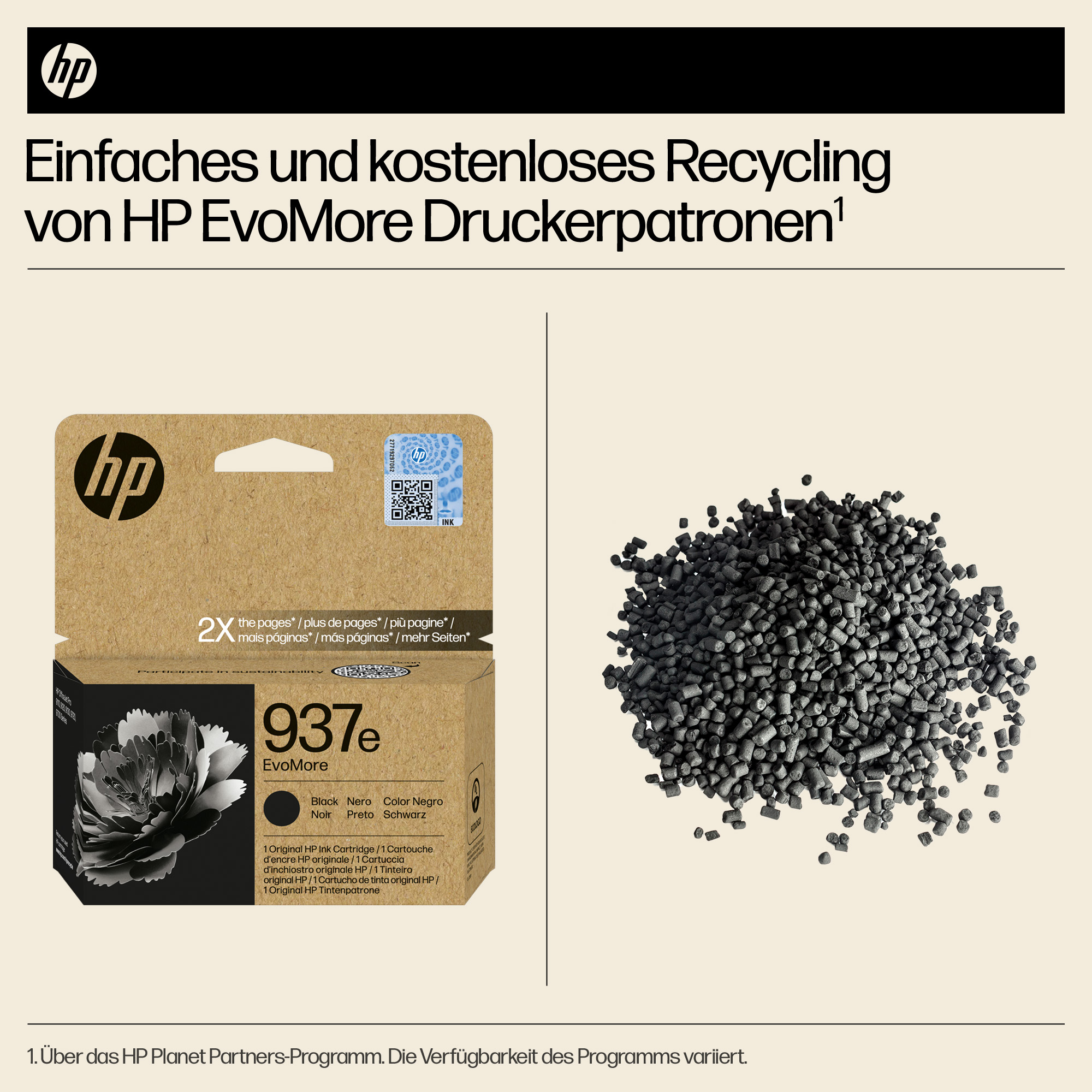 HP Druckerpatrone 937e EvoMore neben schwarzem Granulat. Einfaches Recycling.