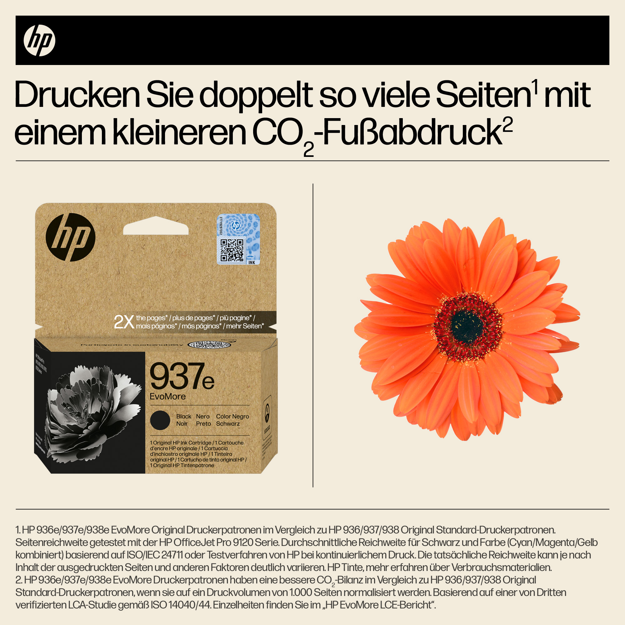 HP Druckerpatrone mit orangefarbener Gerbera, Text und HP Logo.