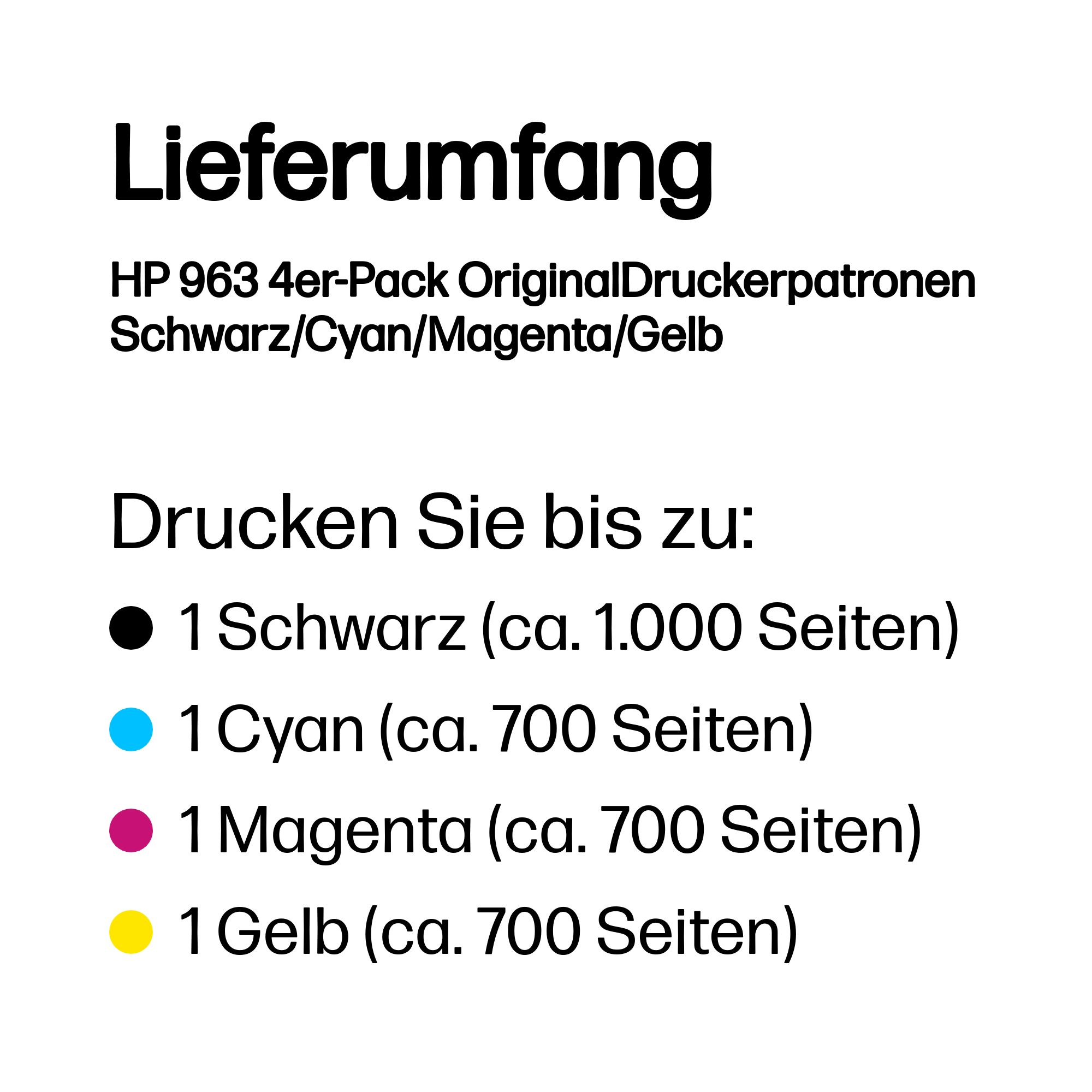 Lieferumfang: 1 schwarze, 1 Cyan, 1 Magenta, 1 gelbe HP 963 Patronen.
