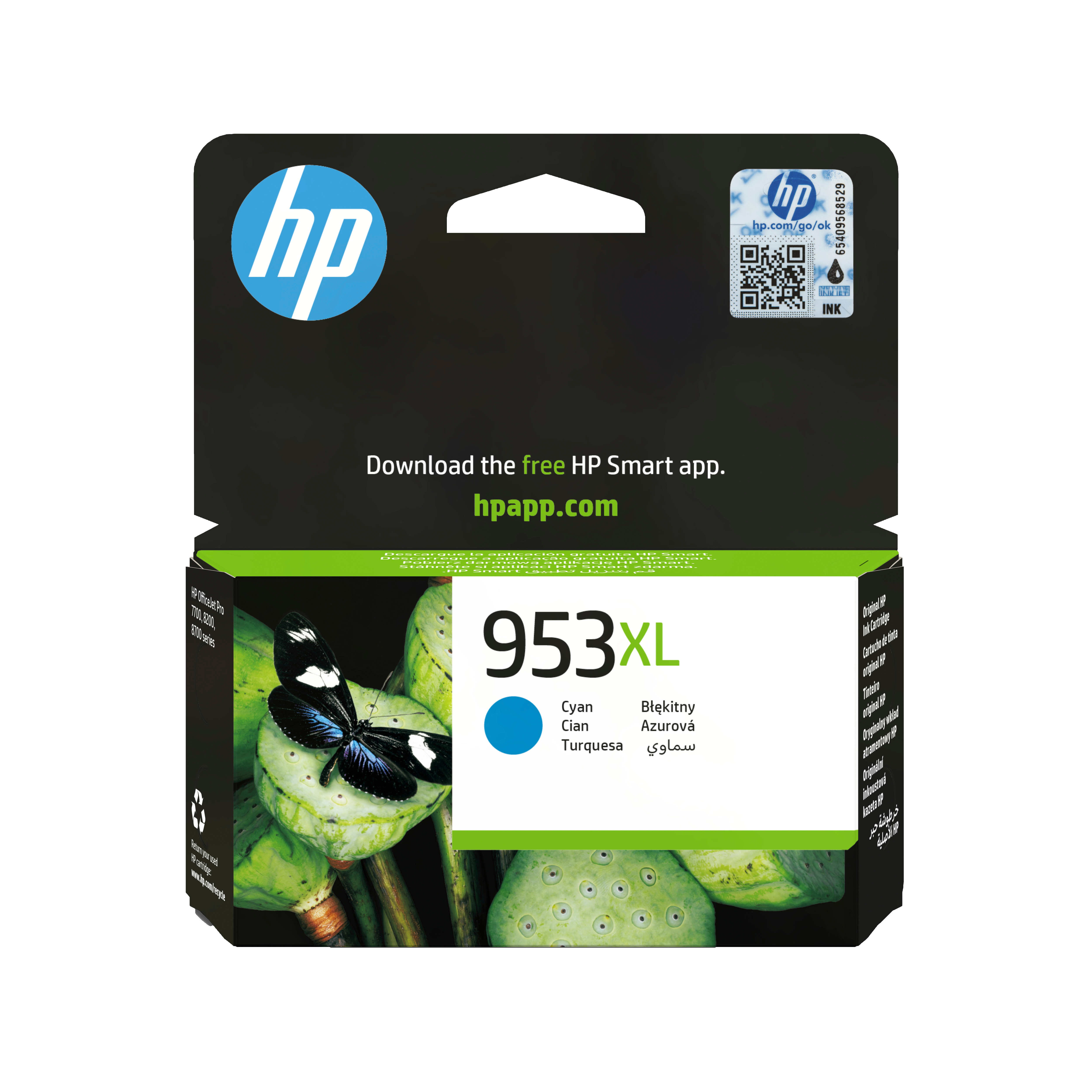 HP 953XL Cyan Tintenpatrone mit Schmetterling auf Lotusknospen.