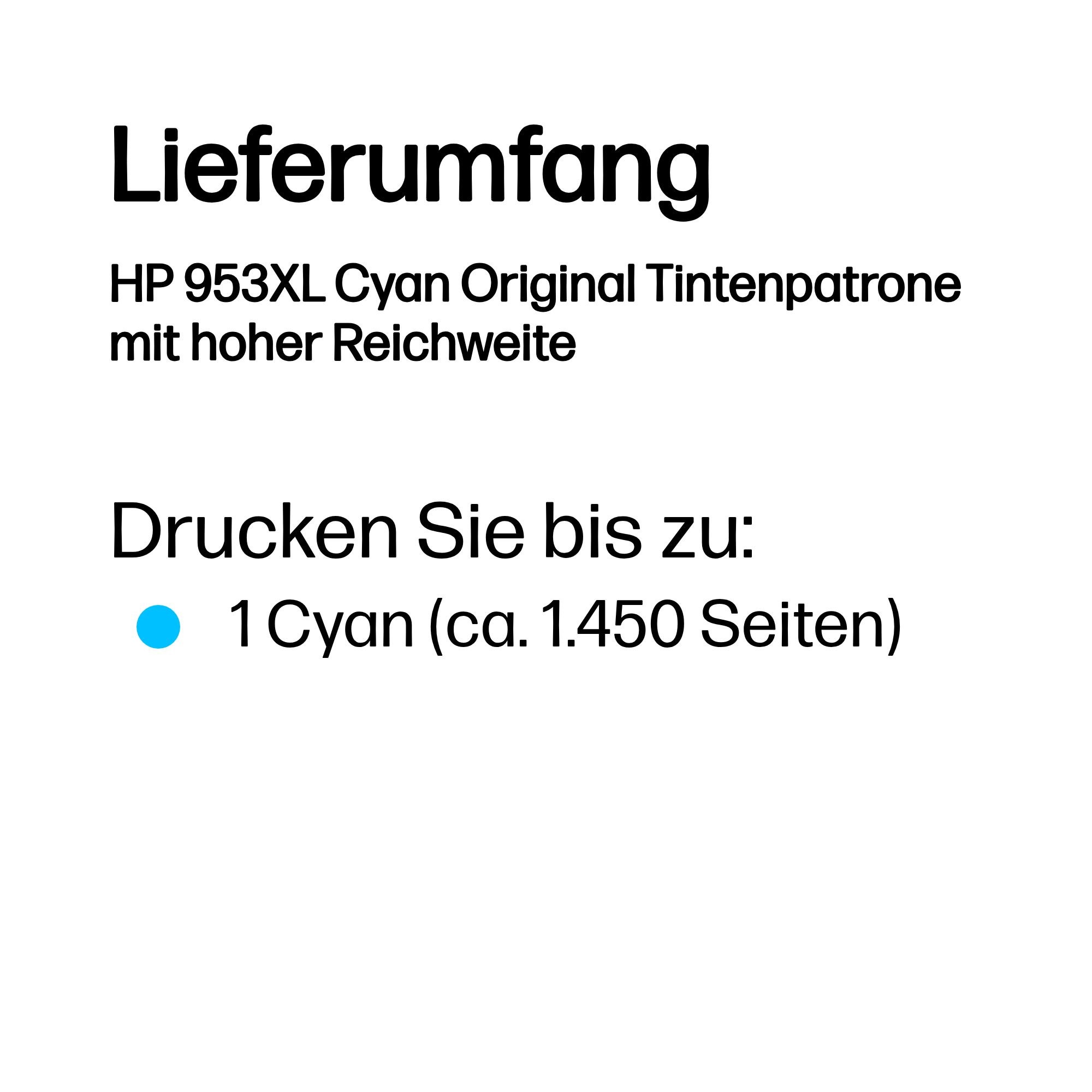 HP 953XL Cyan Tintenpatrone mit hoher Reichweite. Drucken Sie bis zu 1 Cyan (ca. 1.450 Seiten).