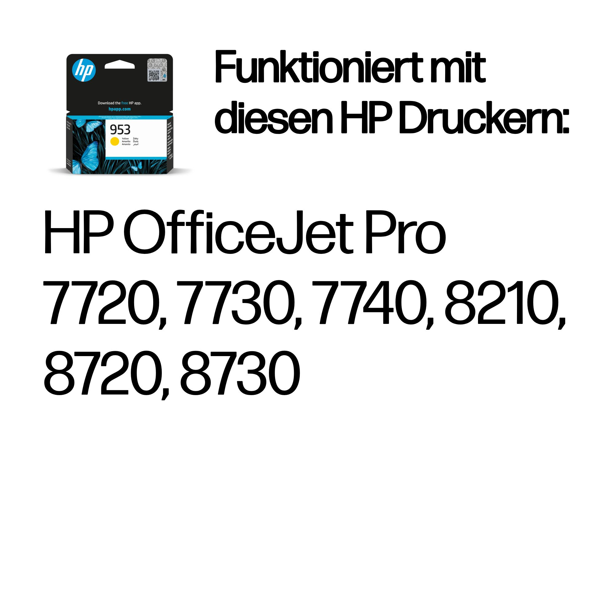 HP 953 gelbe Tintenpatrone und kompatible HP OfficeJet Pro Drucker.