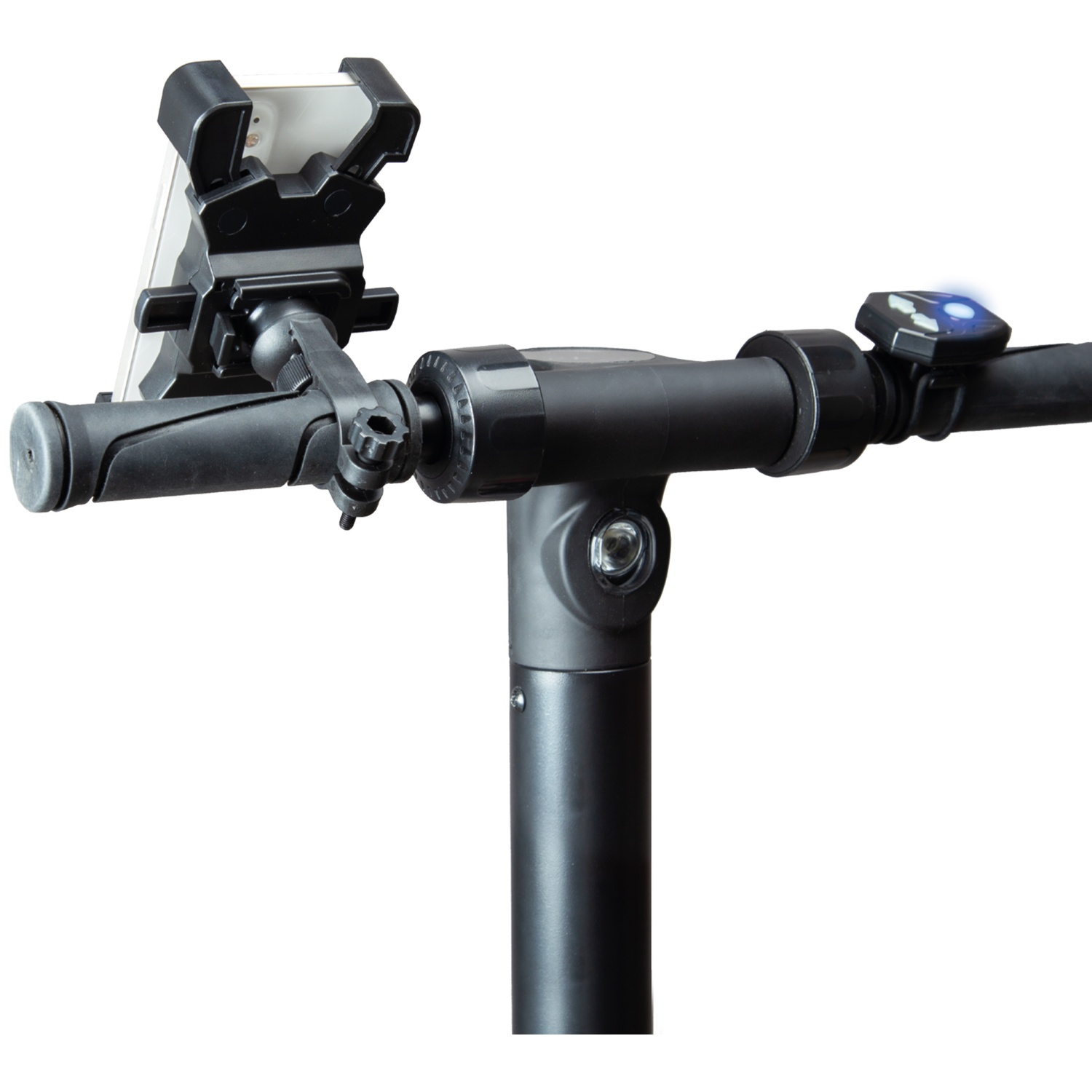 Black scooter handlebar with phone mount and illuminated display.