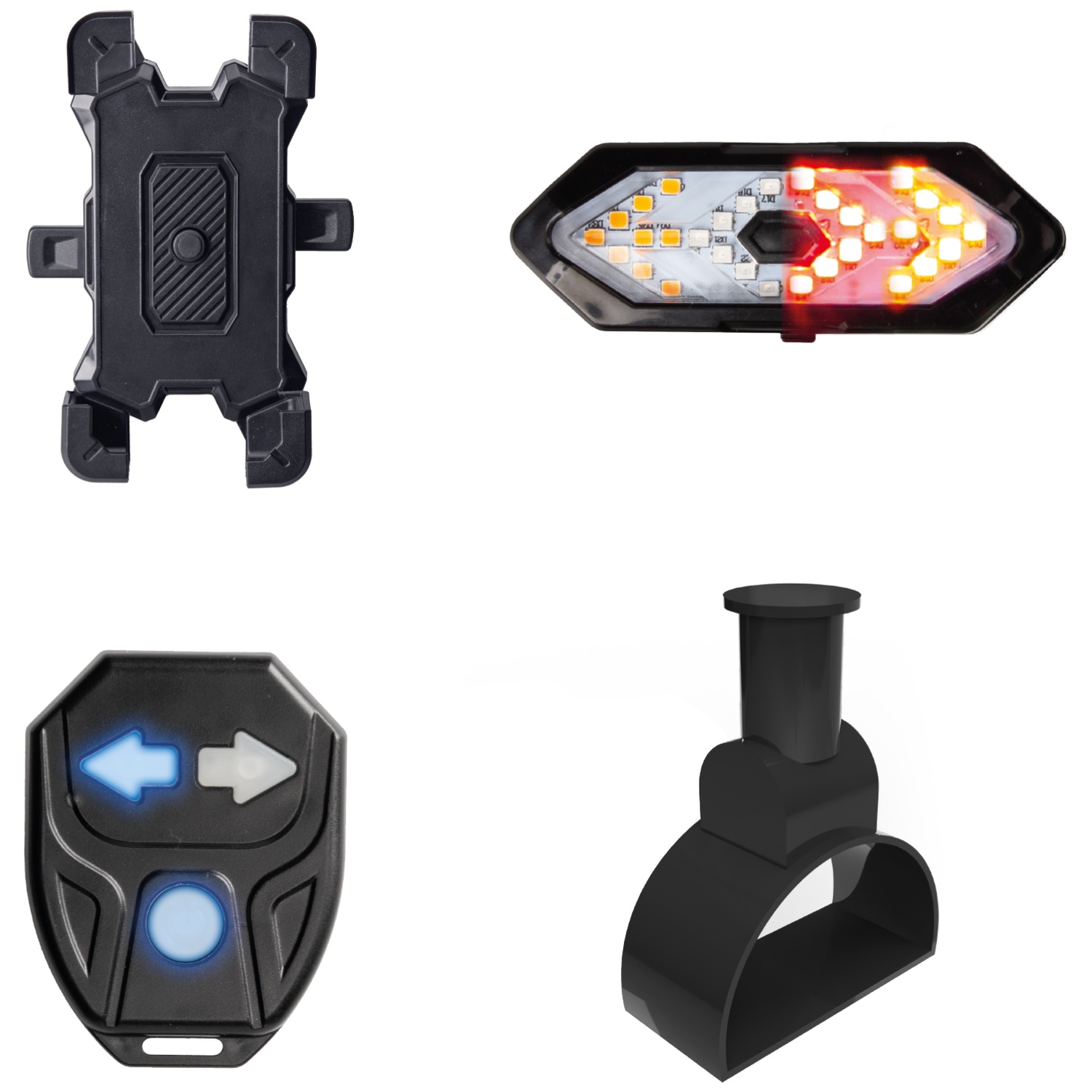 Four black motorcycle accessories: phone mount, tail light, remote, mount.
