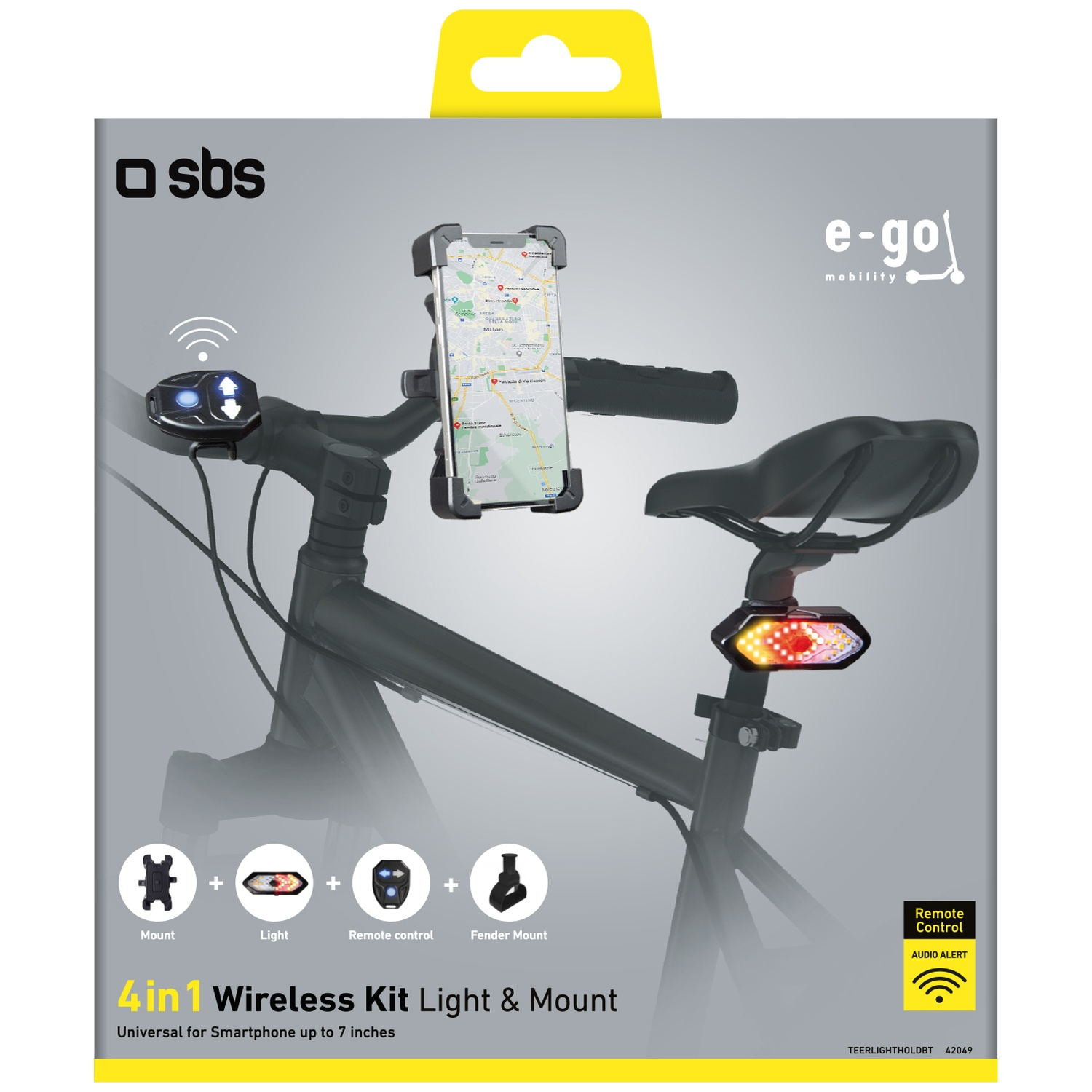 Bike handlebar with phone mount, front light, and rear light. Includes 4-in-1 kit.