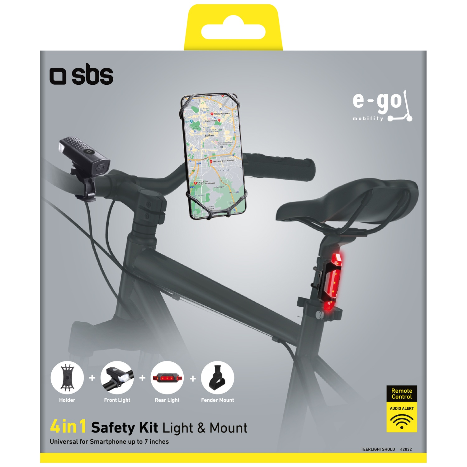 Bicycle with SBS 4in1 safety kit: phone holder, front & rear lights, fender mount.