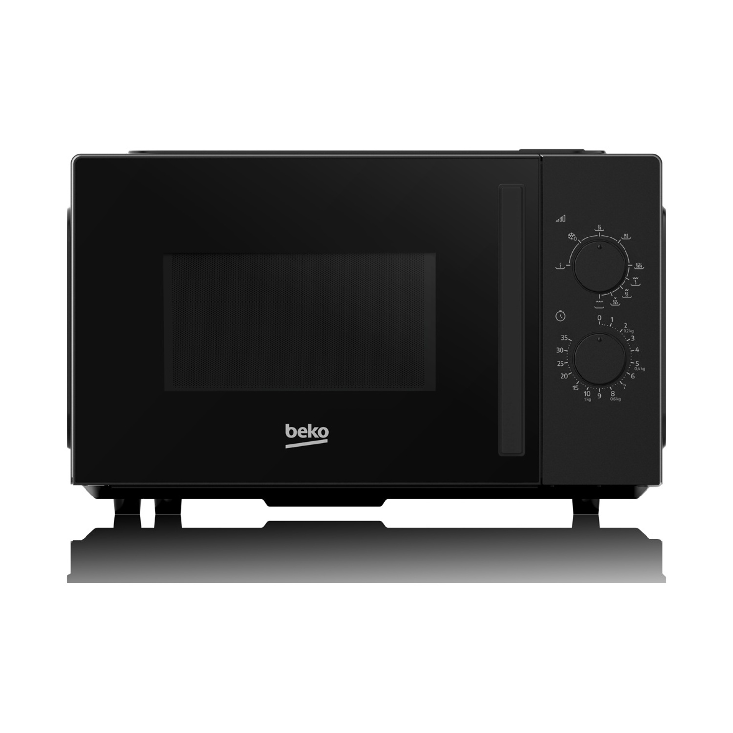 Forno a microonde Beko nero con manopole di controllo e finestra di visione.
