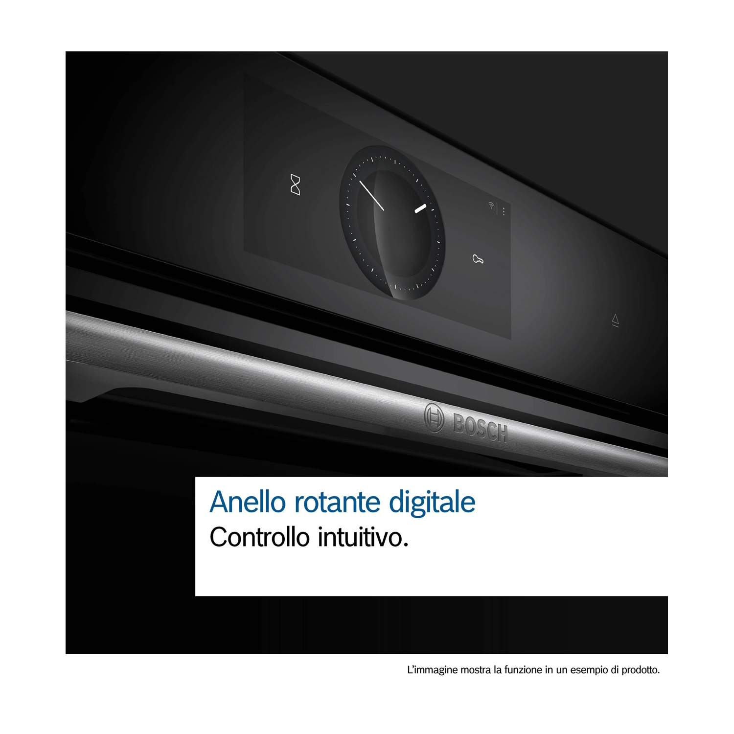 Maniglia forno nera con logo BOSCH e display touchscreen digitale.