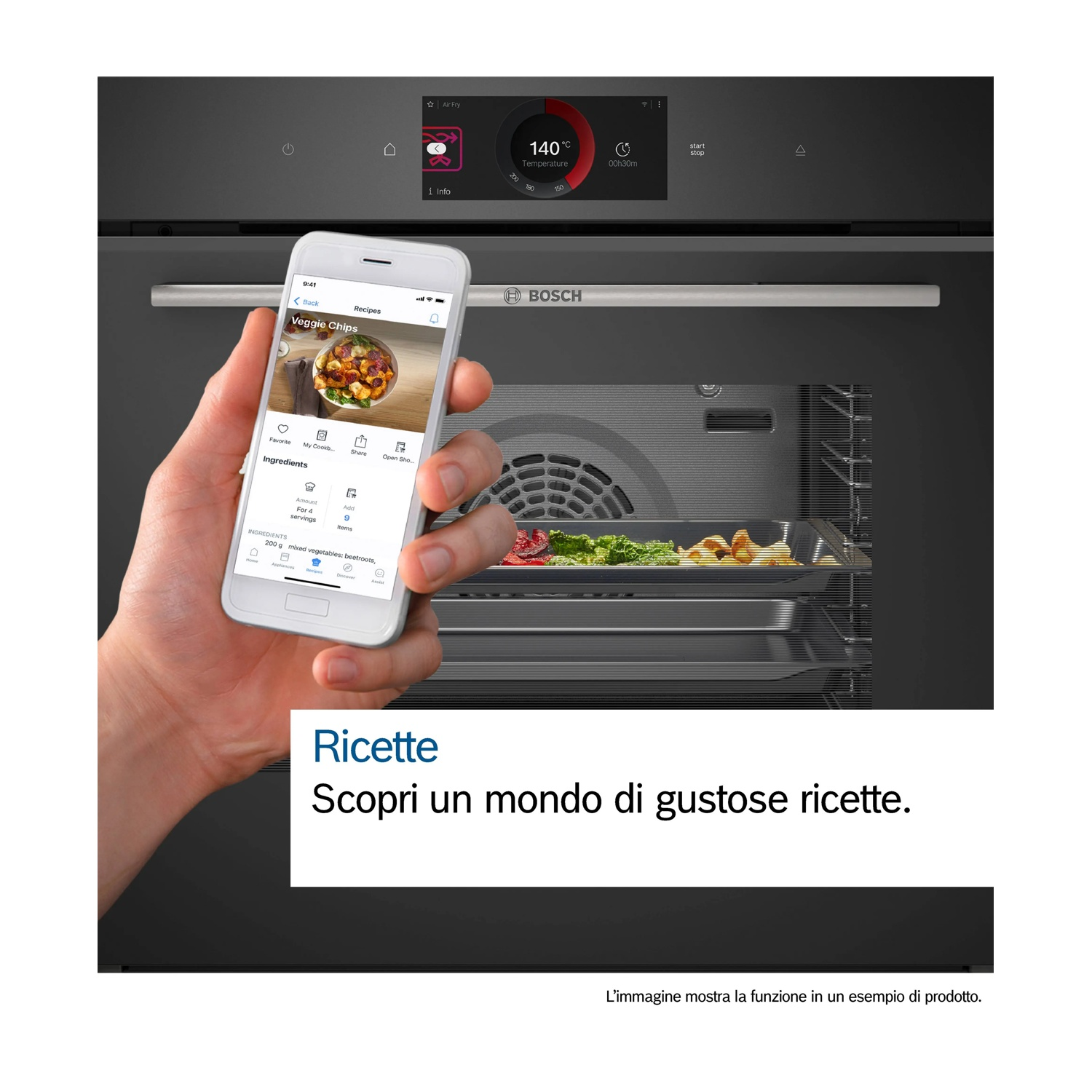 Uno smartphone mostra una ricetta per veggie chips su un forno Bosch.