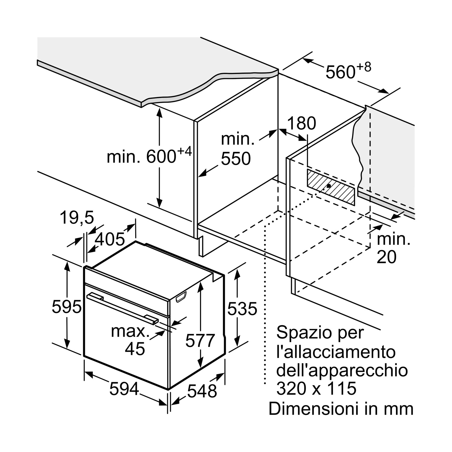 Schema di installazione forno con dimensioni in mm. Altezza min 600, larghezza 595, profondità 594.