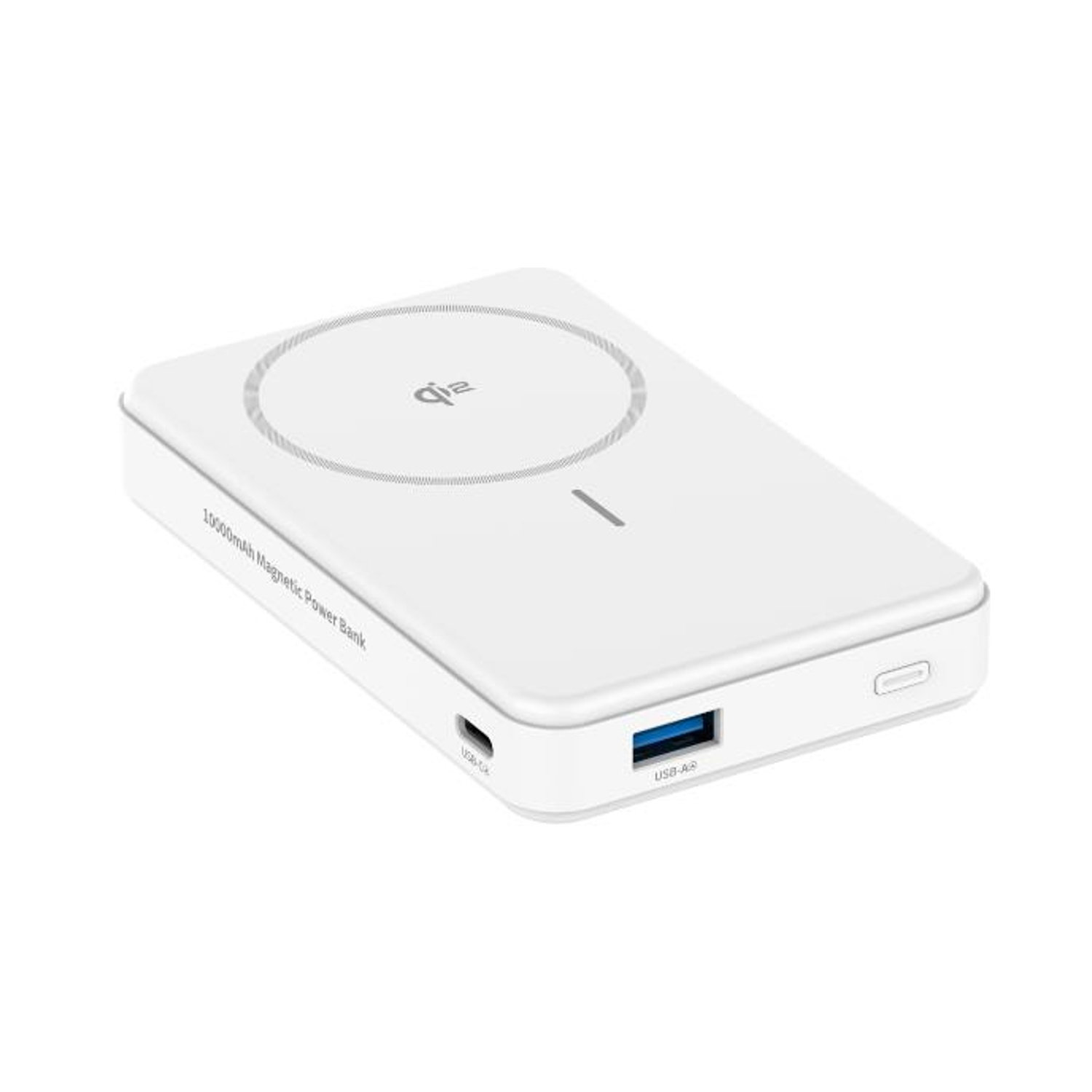 Power bank magnetica bianca da 10000mAh con cerchio di ricarica wireless Qi.