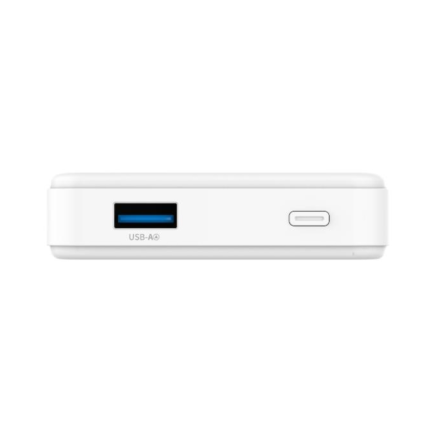 Un power bank bianco con porta USB-A e un'altra porta.