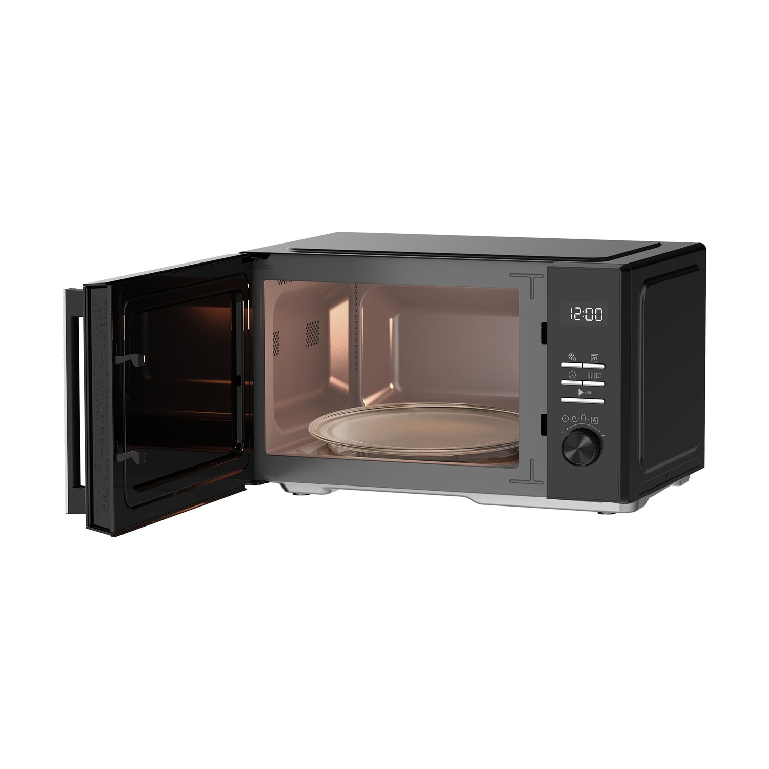 Un forno a microonde nero con la porta aperta, che mostra un piatto girevole all'interno.