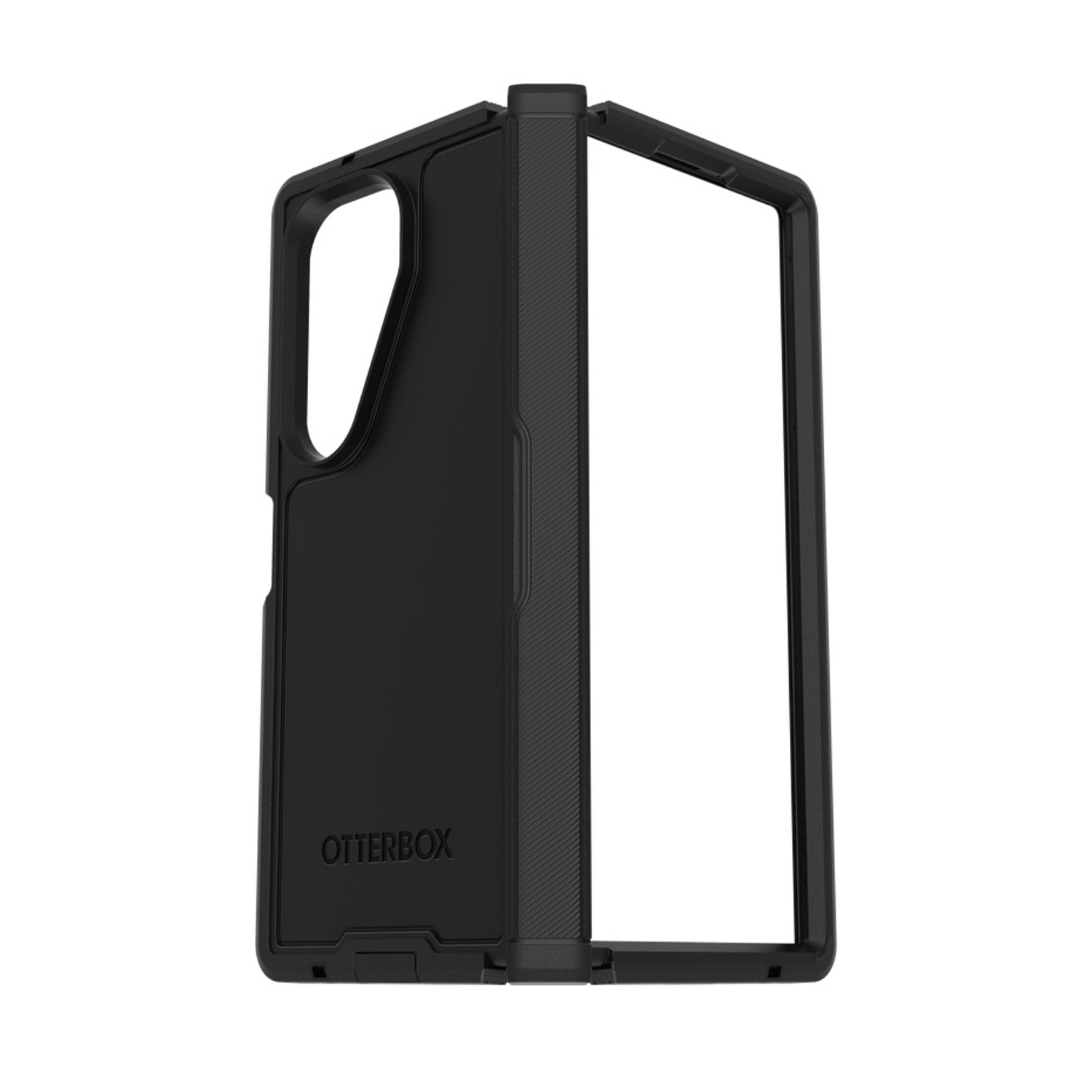 Custodia pieghevole Otterbox nera mostrata aperta, con presa testurizzata.