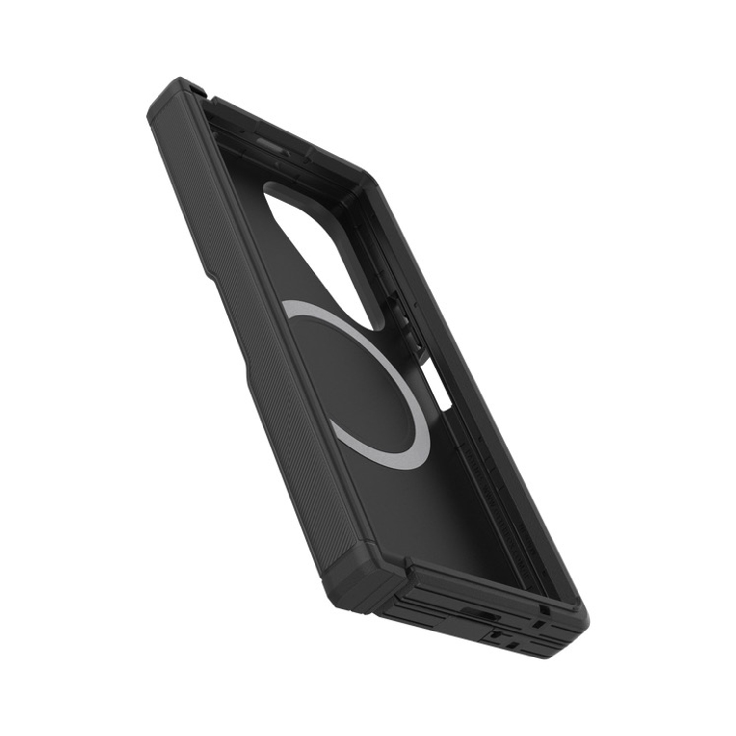 Custodia nera per telefono con lati scanalati e anello magnetico interno.