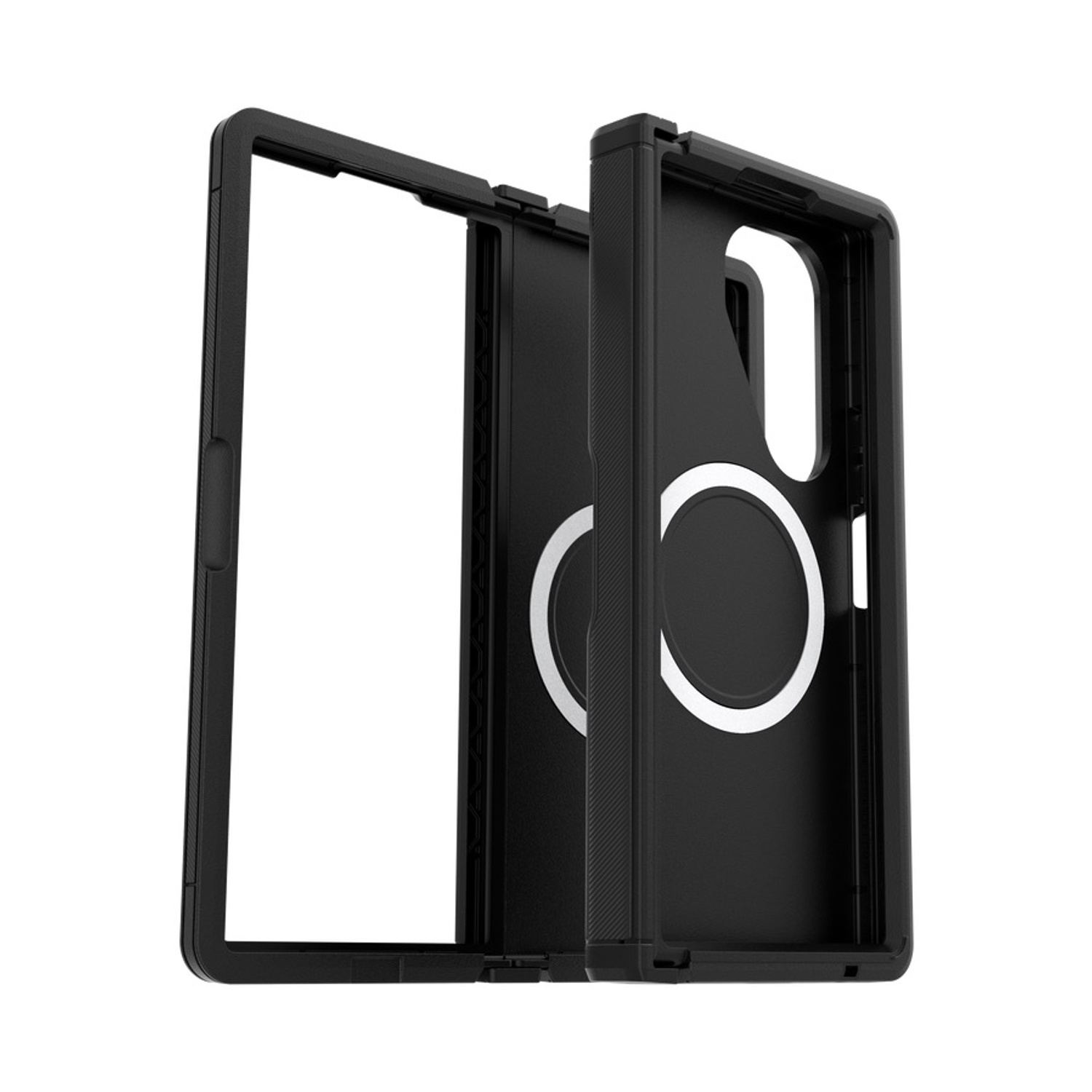 Una custodia nera per smartphone mostrata in due metà aperte.