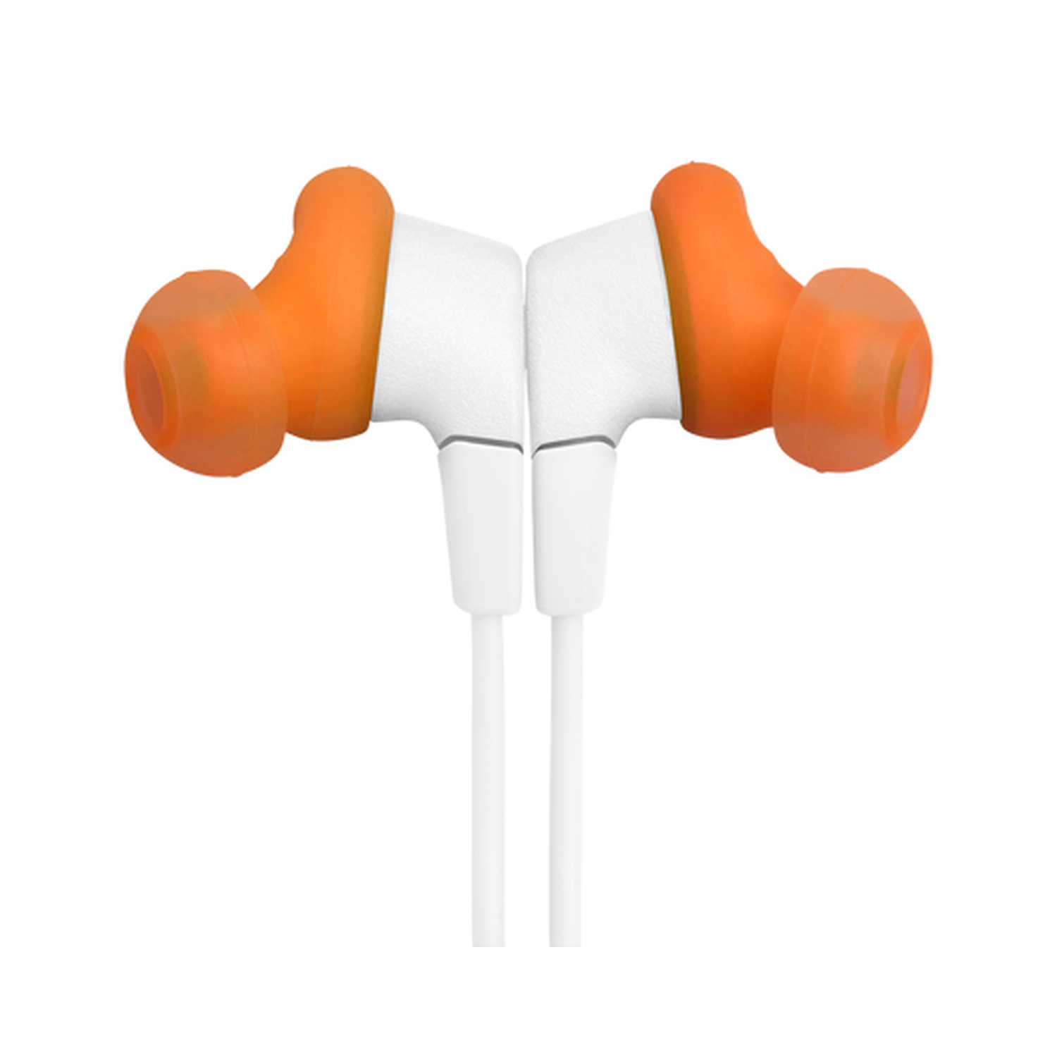 Auricolari bianchi con gommini arancioni, su sfondo bianco.