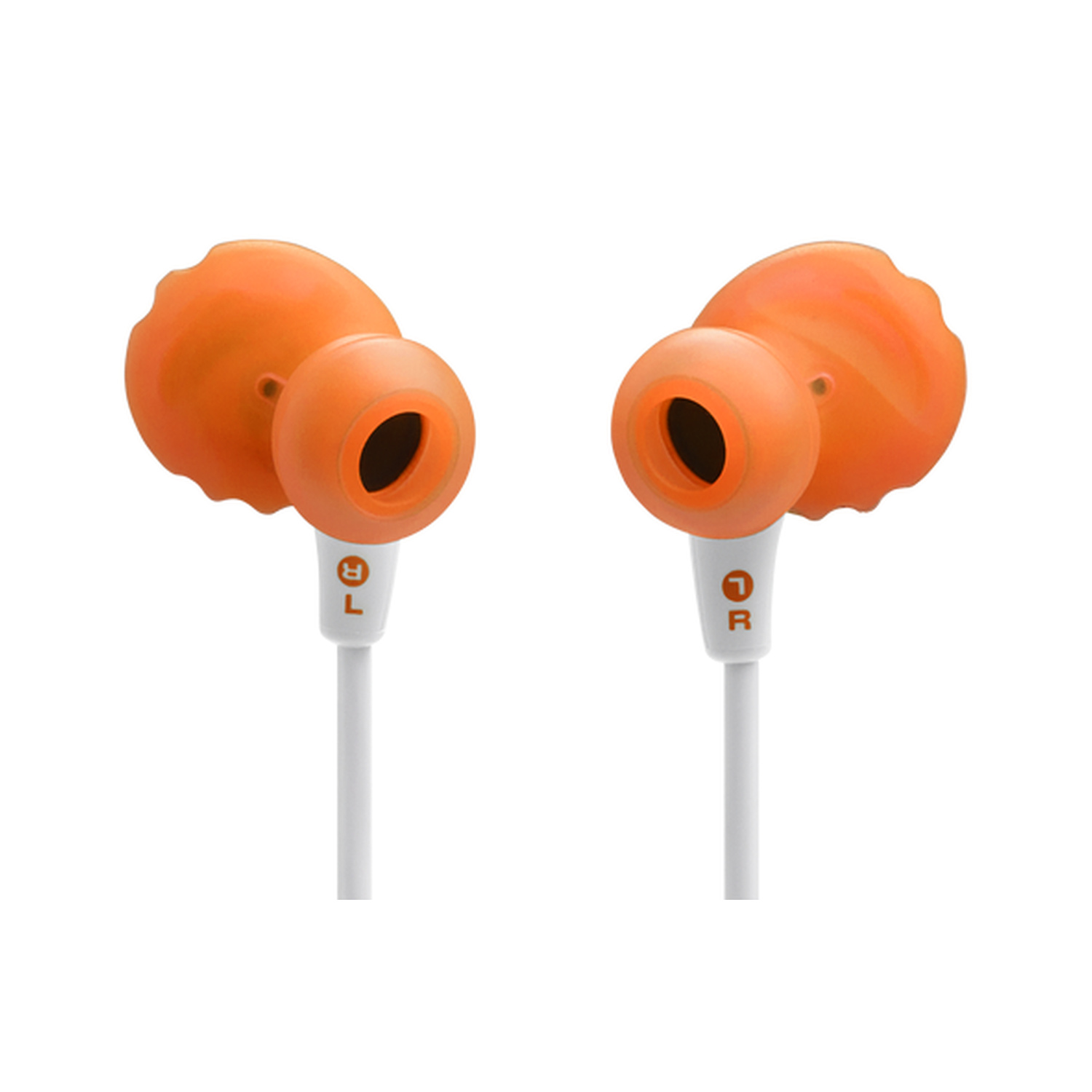 Auricolari arancioni in-ear con cavi bianchi e marcature L/R.