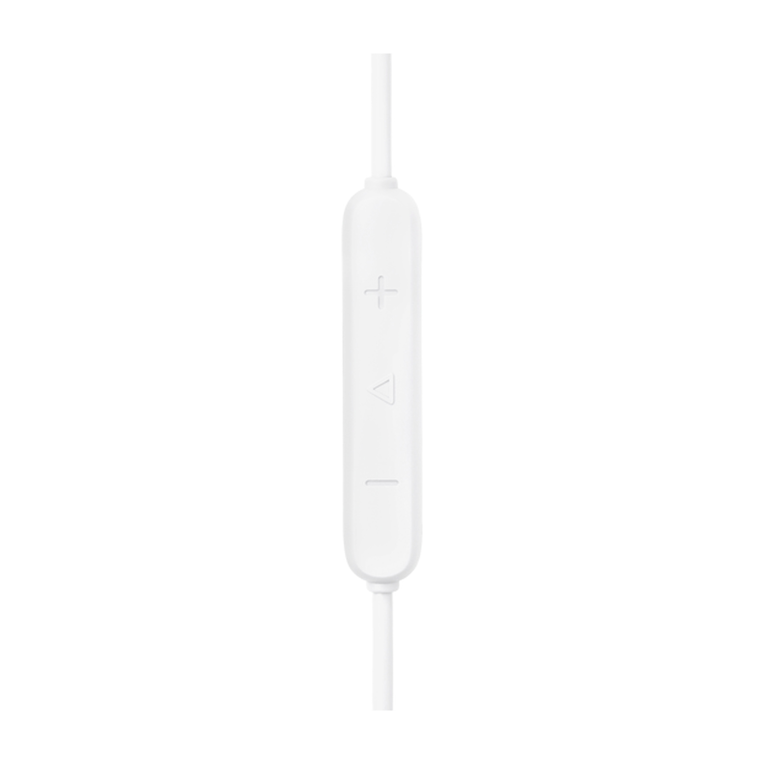 Telecomando per cavo cuffie bianco con controlli volume e riproduzione.