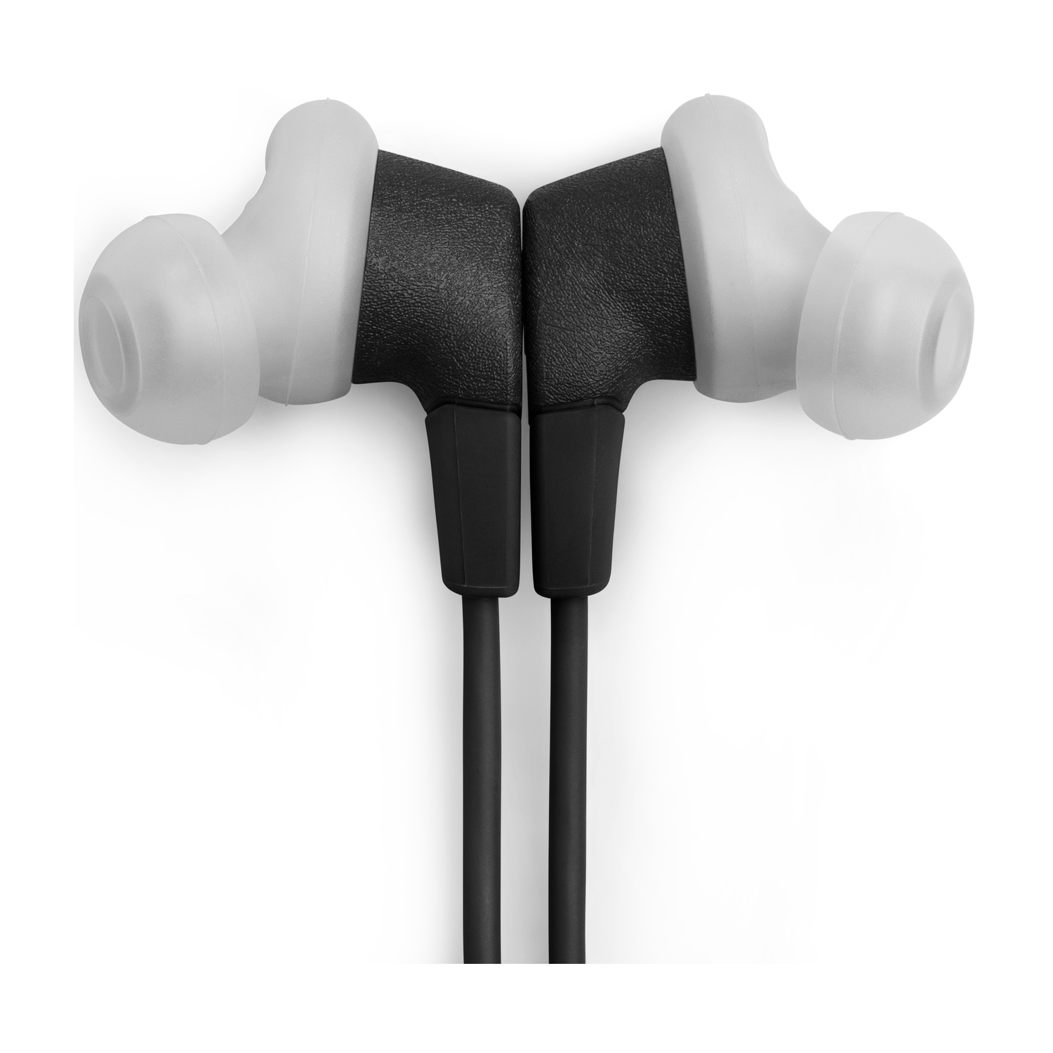 Due auricolari in-ear bianchi e neri con cavi su sfondo bianco.