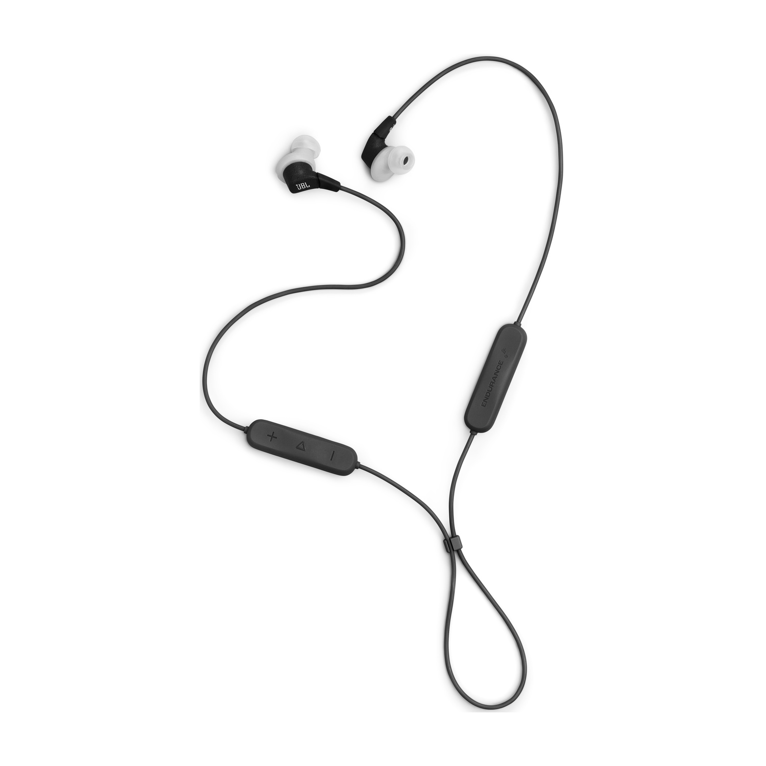 Auricolari JBL neri con punte bianche e cavo nero.