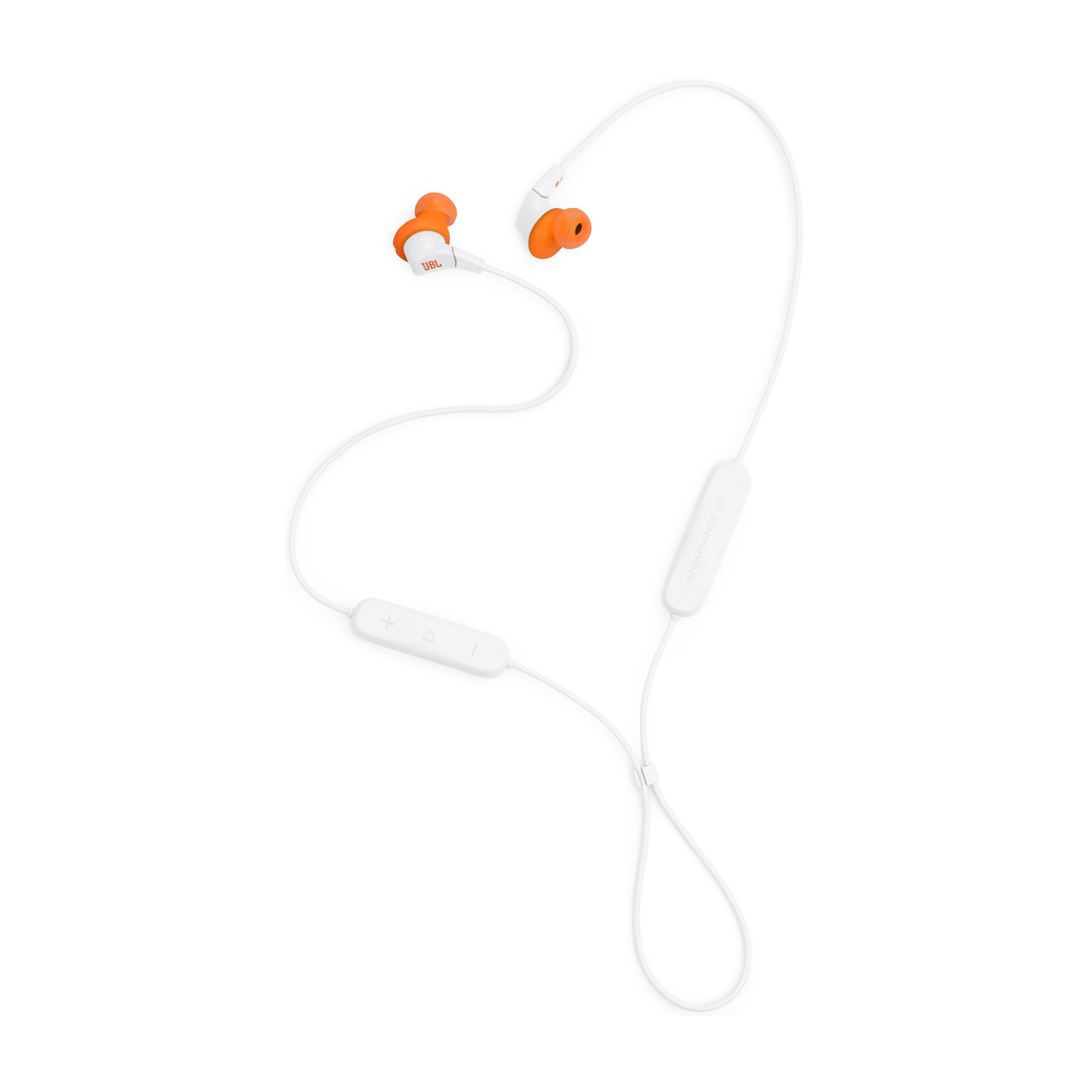 Auricolari wireless JBL bianchi con gommini arancioni e telecomando in linea.