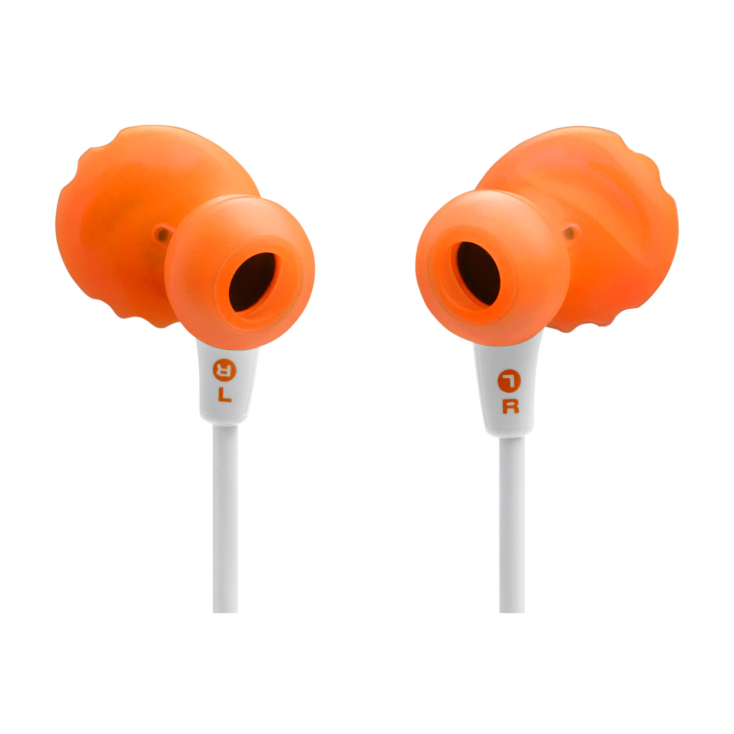 Auricolari arancioni con steli bianchi e marchi L/R.