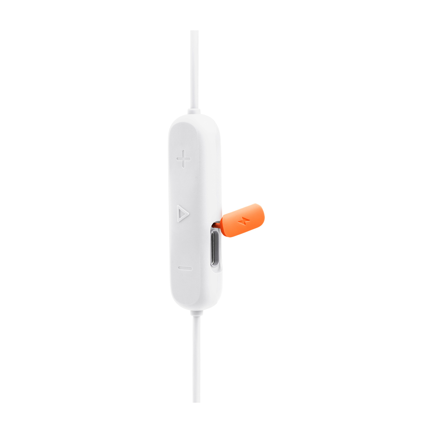 Un controllo in linea per cuffie bianco con pulsanti volume e cursore arancione.